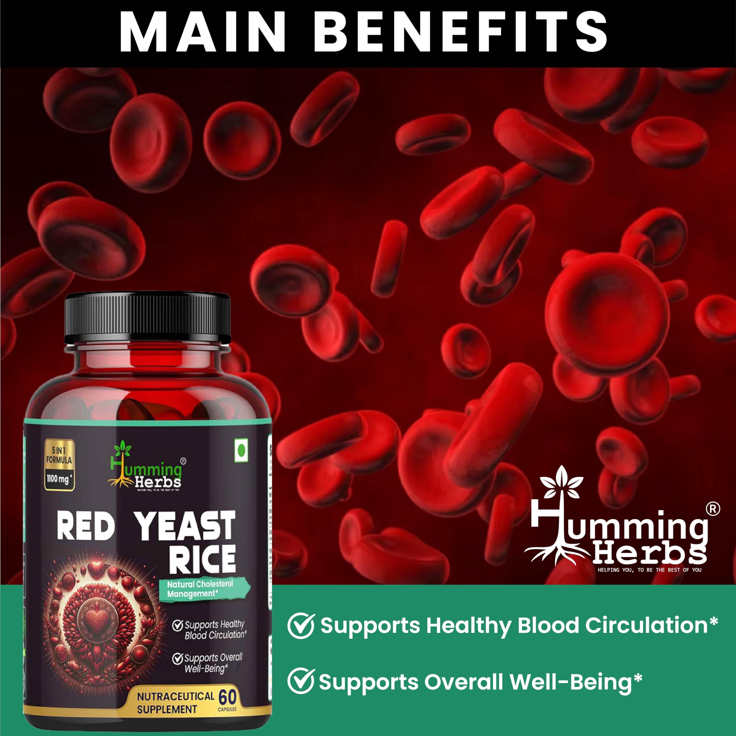 Humming Herbs Red Yeast Rice 500mg Capsules - Natural Cholesterol Support with CoQ10, Policosanol, Lycopene & Beta-Sitosterol - Promotes Heart Health & Blood Circulation - Vegan, Non-GMO — Amazon image 4
