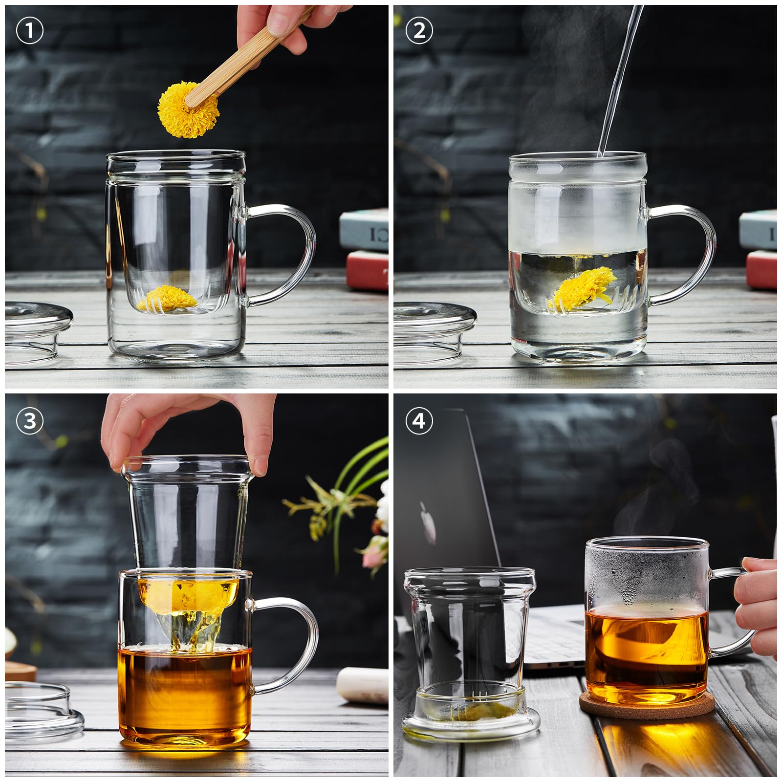 DOPUDO Glass Tea Cup with Infuser and Lid, 17.6oz/520ml Large Borosilicate Teacup,Tea Glass, Clear Mug for Loose Leaf Tea, Blooming Tea, Microwave & Dishwasher Safe - Tea Maker Gift for Birthday.: Glass Tea Cup with Infuser and Lid, 17.6oz/520ml Large Borosilicate Teacup, Clear Mug for Loose Leaf Tea, Blooming Tea, Tea Bags - Perfect Christmas or Birthday Gift for Women