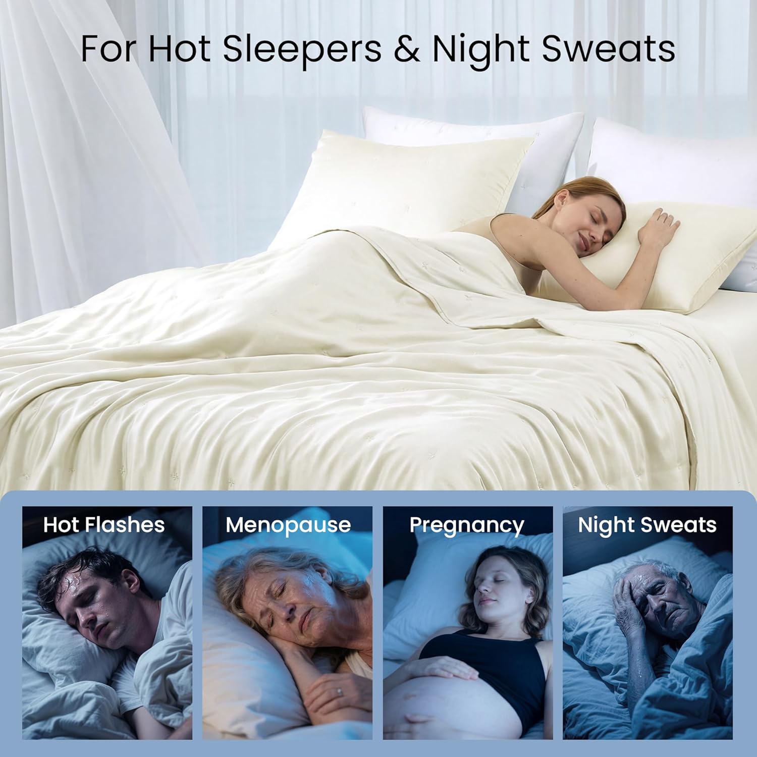 Amélie Home Tencel™ Lyocell Cooling Comforter, White Queen Cooling Blanket for Hot Sleepers & Night Sweats, Lightweight Breathable with Q-Max 0.43 Cooling Fabric, Cold Blanket for Expecting Moms