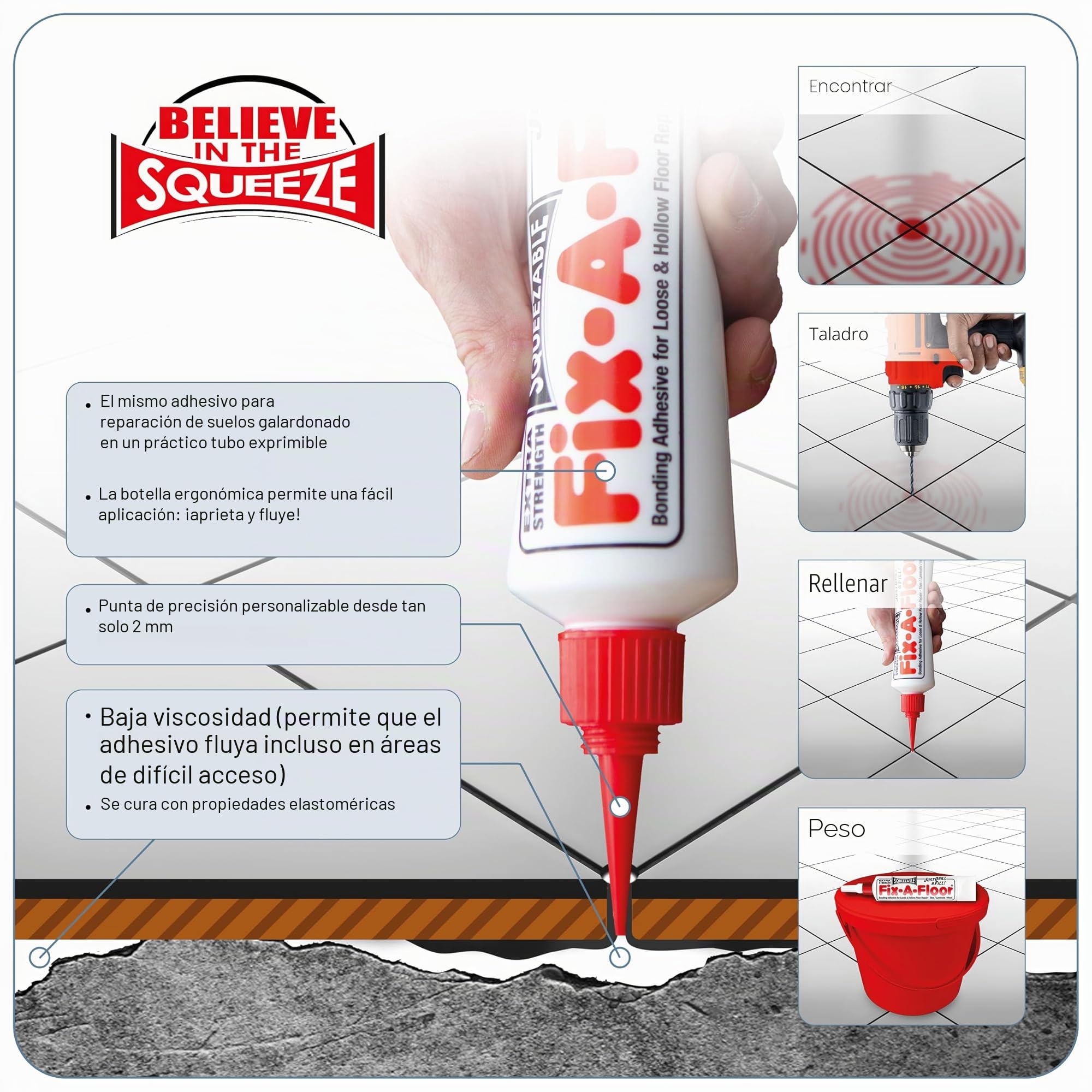 Fix-A-Floor Adhesivo de unión todo en uno comprimible para azulejos sueltos y huecos, madera, LVT y laminado, extrafuerte, ecológico y no tóxico, incluye tapa de conservación (paquete de 1)