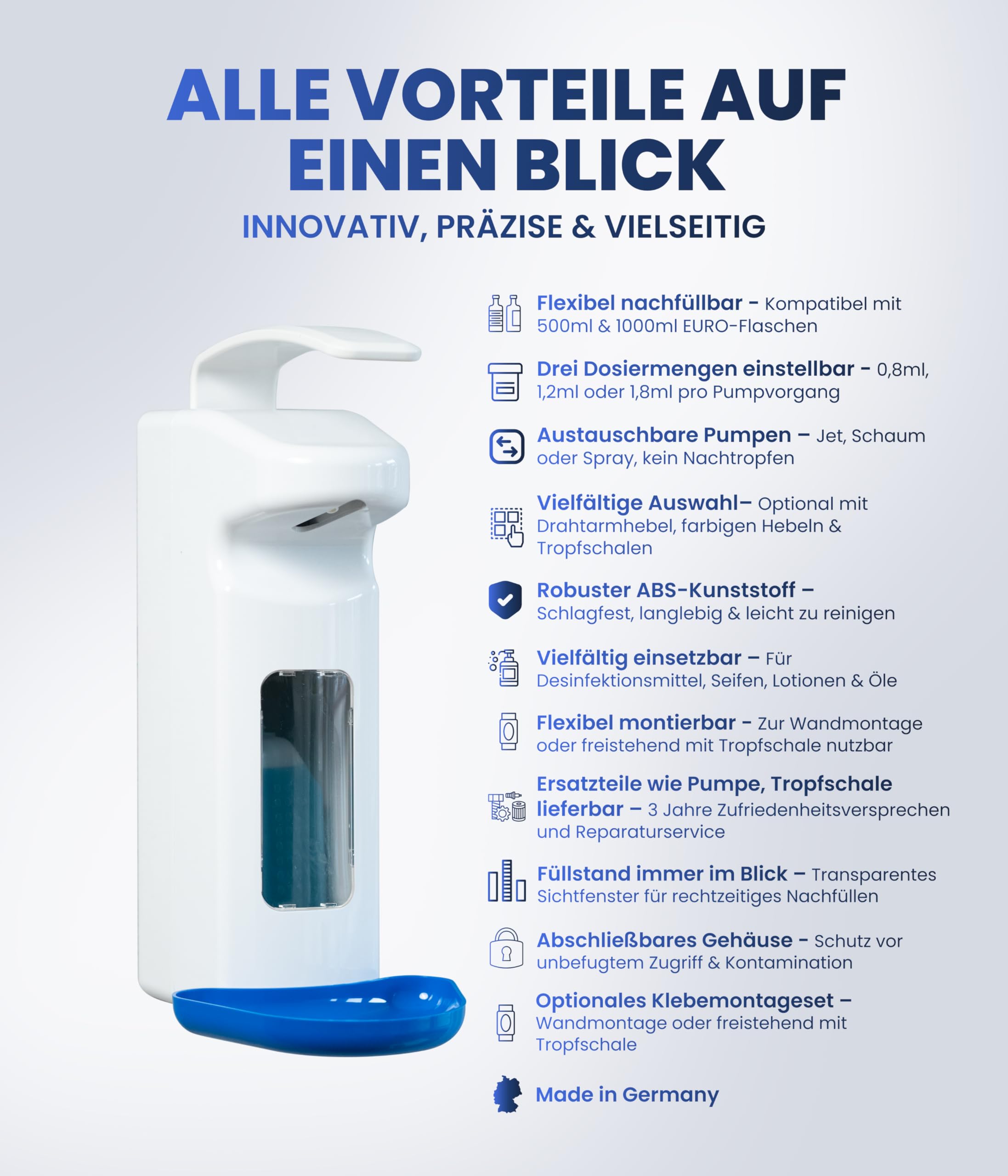 Dispensador desinfectante SD2015, dispensador manual de palanca de brazo para 500 – 1000 ml – Eurodispensador recargable (blanco con bandeja de goteo azul)
