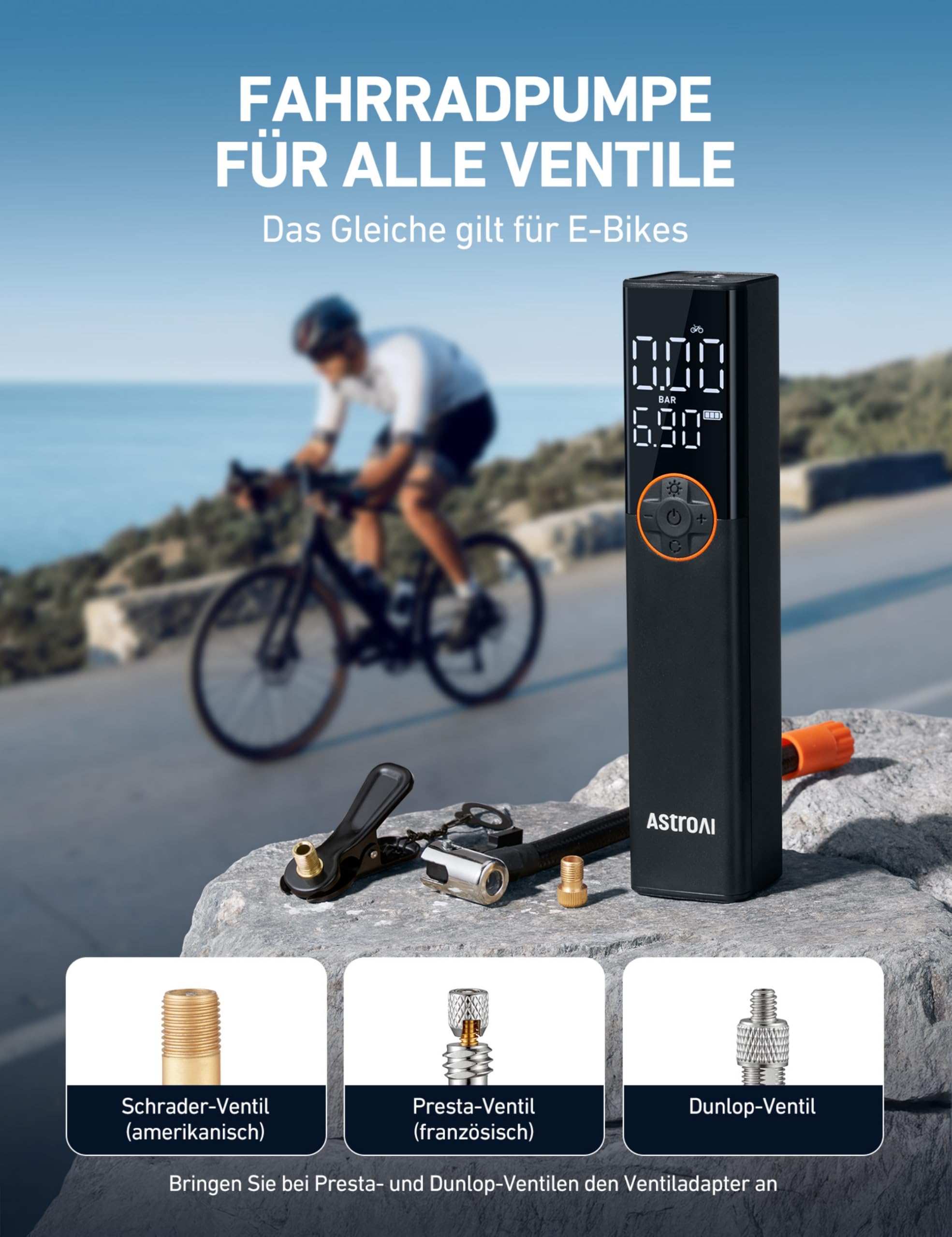 AstroAI Fahrradpumpe Elektrische Luftpumpe, 150PSI Mini Tragbare Akku Fahrradpumpe alle ventile, Hochspannungsmotor Speziell für Fahrrad, Wiederaufladbare für Stadtrad, Rennrad, Mountainbike