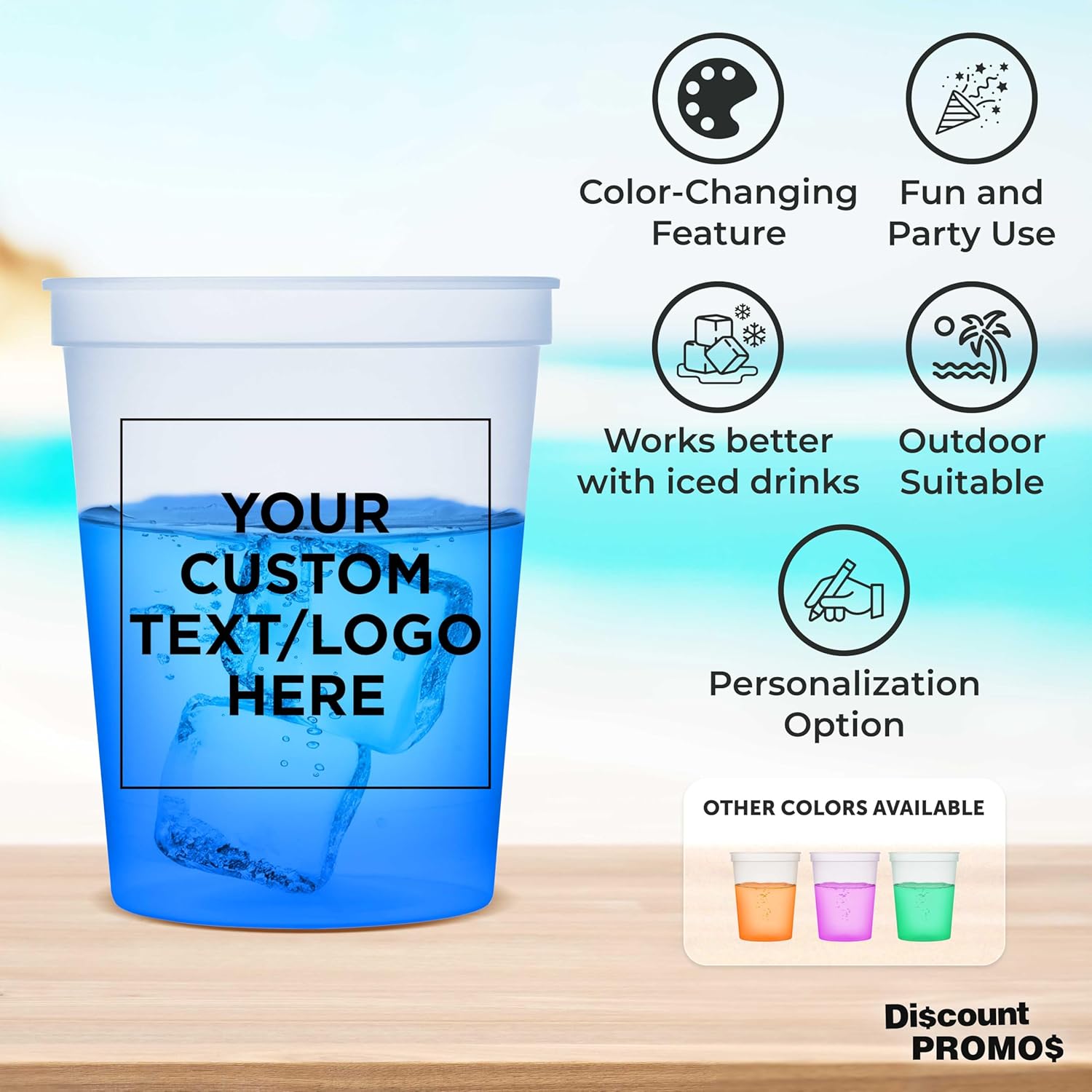 DISCOUNT PROMOS Custom Color Changing Plastic Cups 16 oz. Set of 10/50/100, Personalized Bulk Pack - Reusable, Perfect for Birthdays, Weddings, Picnic, Beach, Parties - Blue