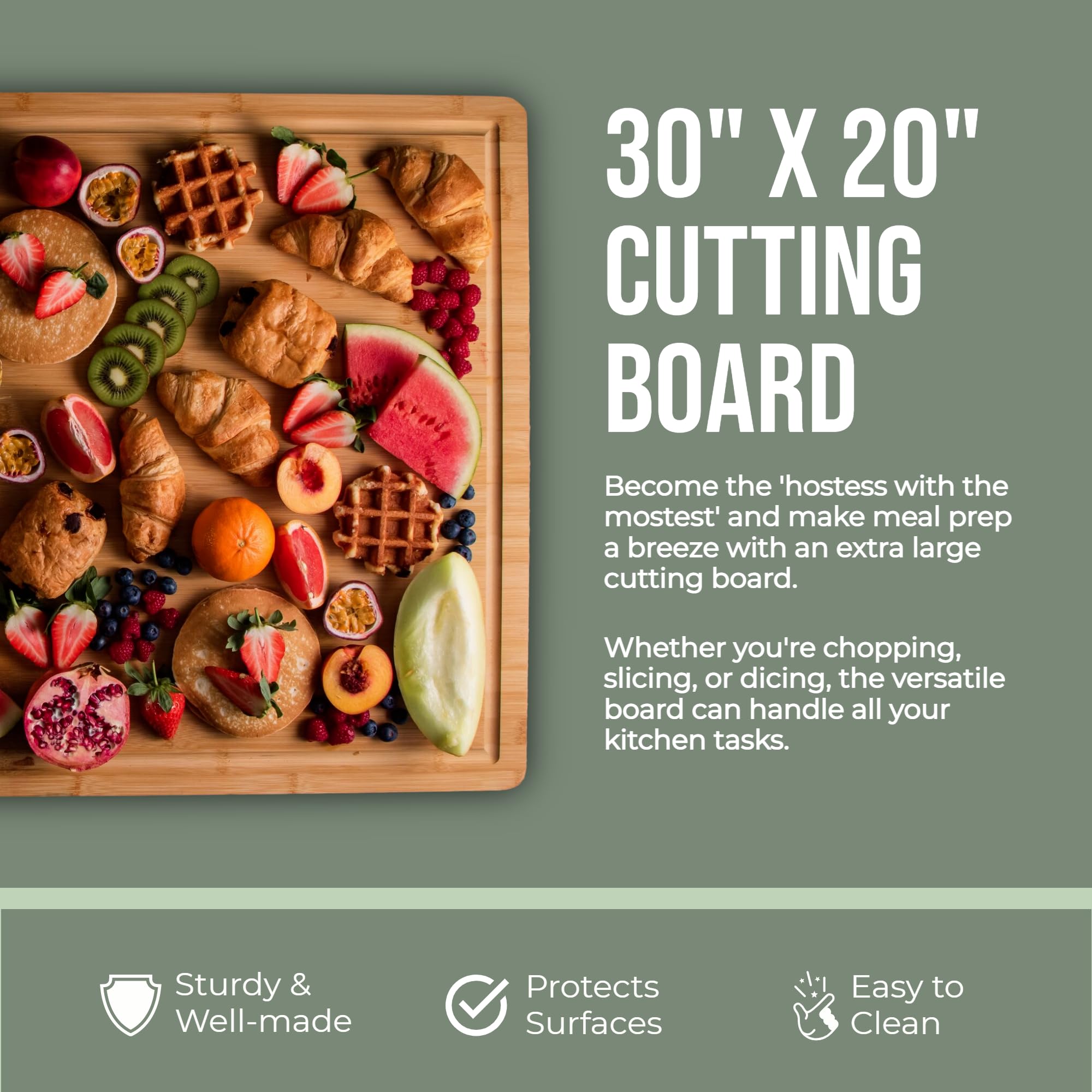 Grizzly Living - Tabla de cortar extra grande para cocina, 30 x 20 pulgadas, tablas de cortar de bambú resistentes para carne, verduras y embutidos, estufa de madera grande y encimera (30 x 20