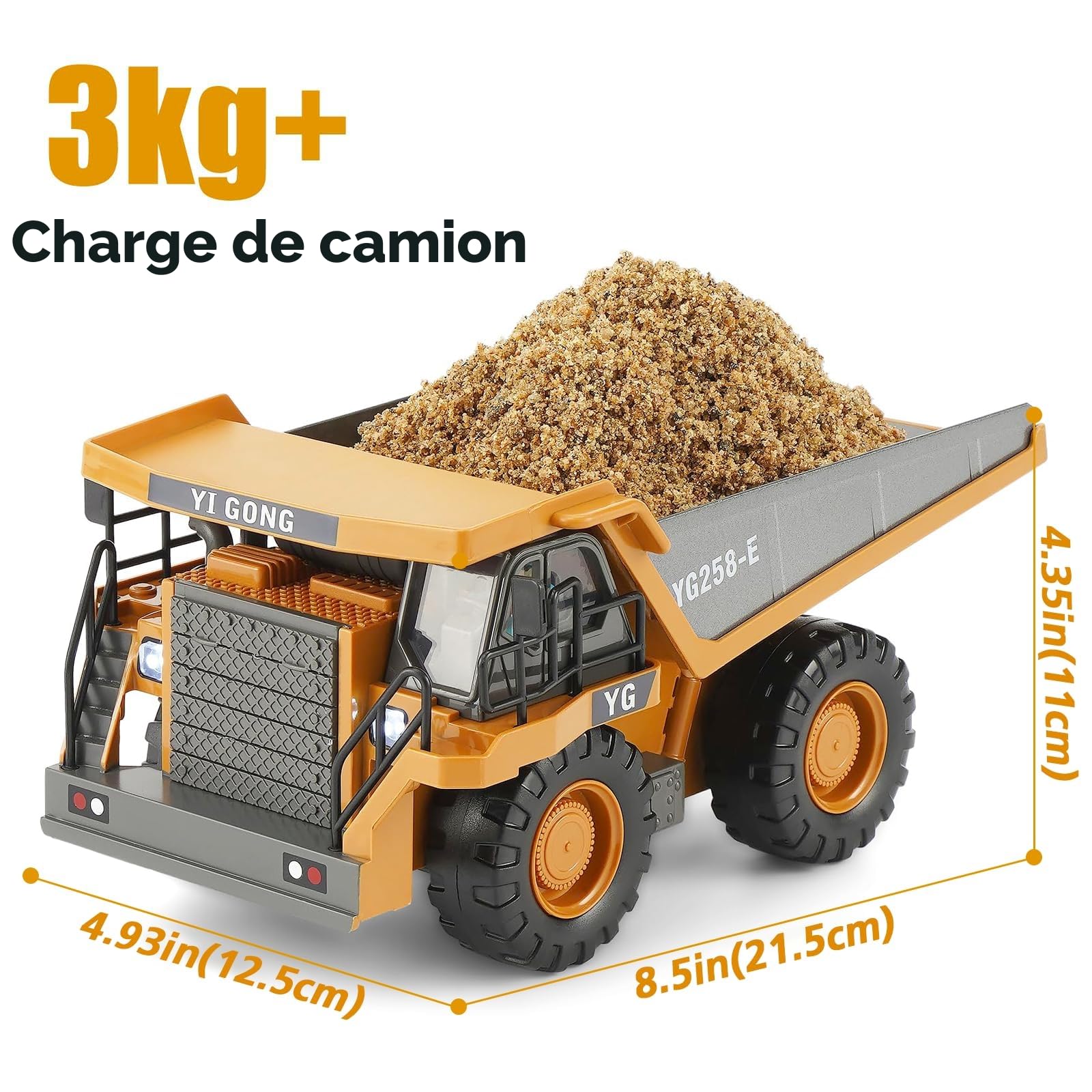 KIZJORYA Camion-Benne Télécommandé, Véhicule de Construction RC pour Enfants, 9 Canaux, Son Lumière, Batterie Rechargeable, Jouet Électrique pour Garçons Filles de 3 Ans et Plus