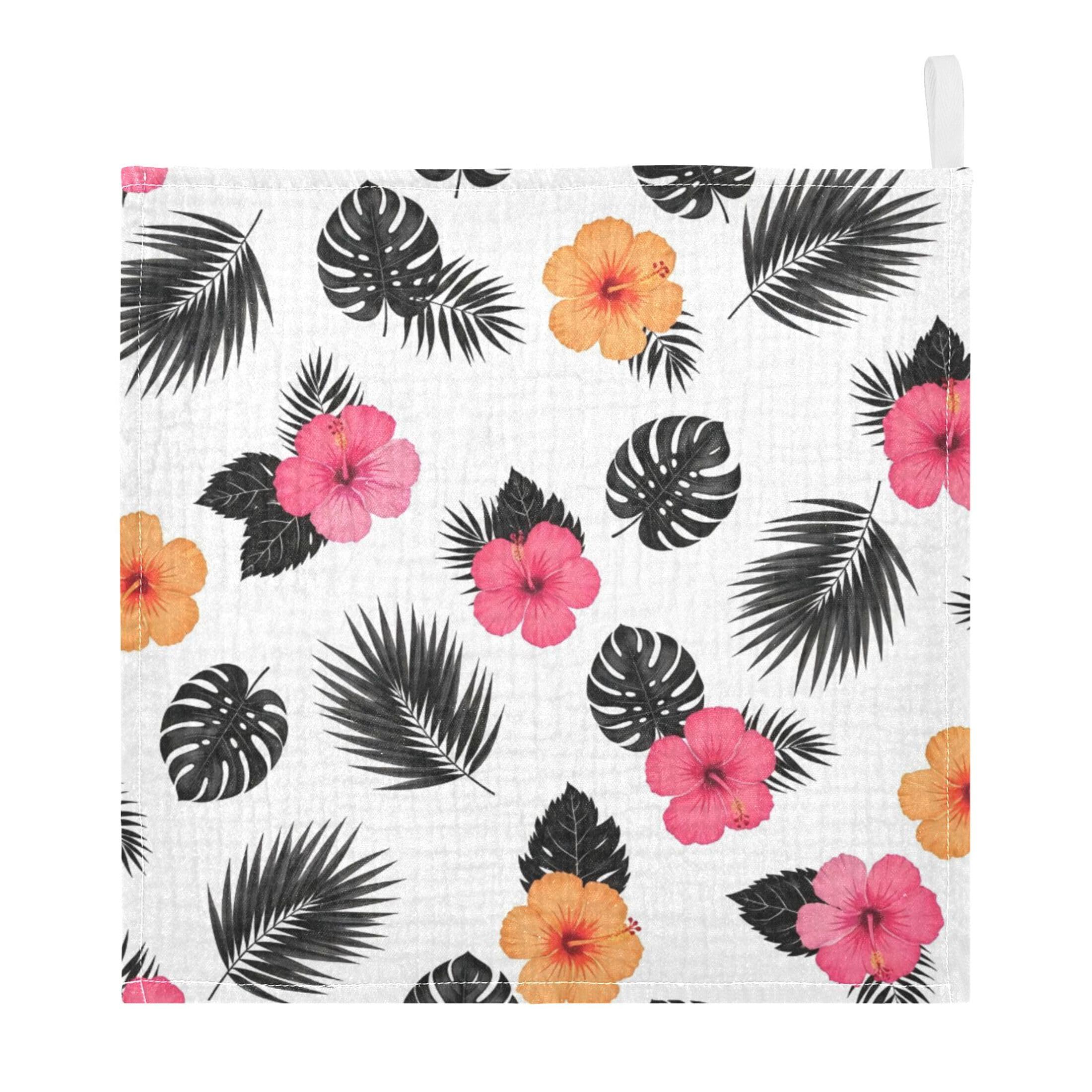 Fuauuyl Hibiscus Monstera Leaves Baby Muslin Washcloths Cotton Absorbent Soft Burp Cloths for Newborns Infants Toddlers, Reusable Face Towels for Sensitive Skin, 5 Pack, 12x12 in