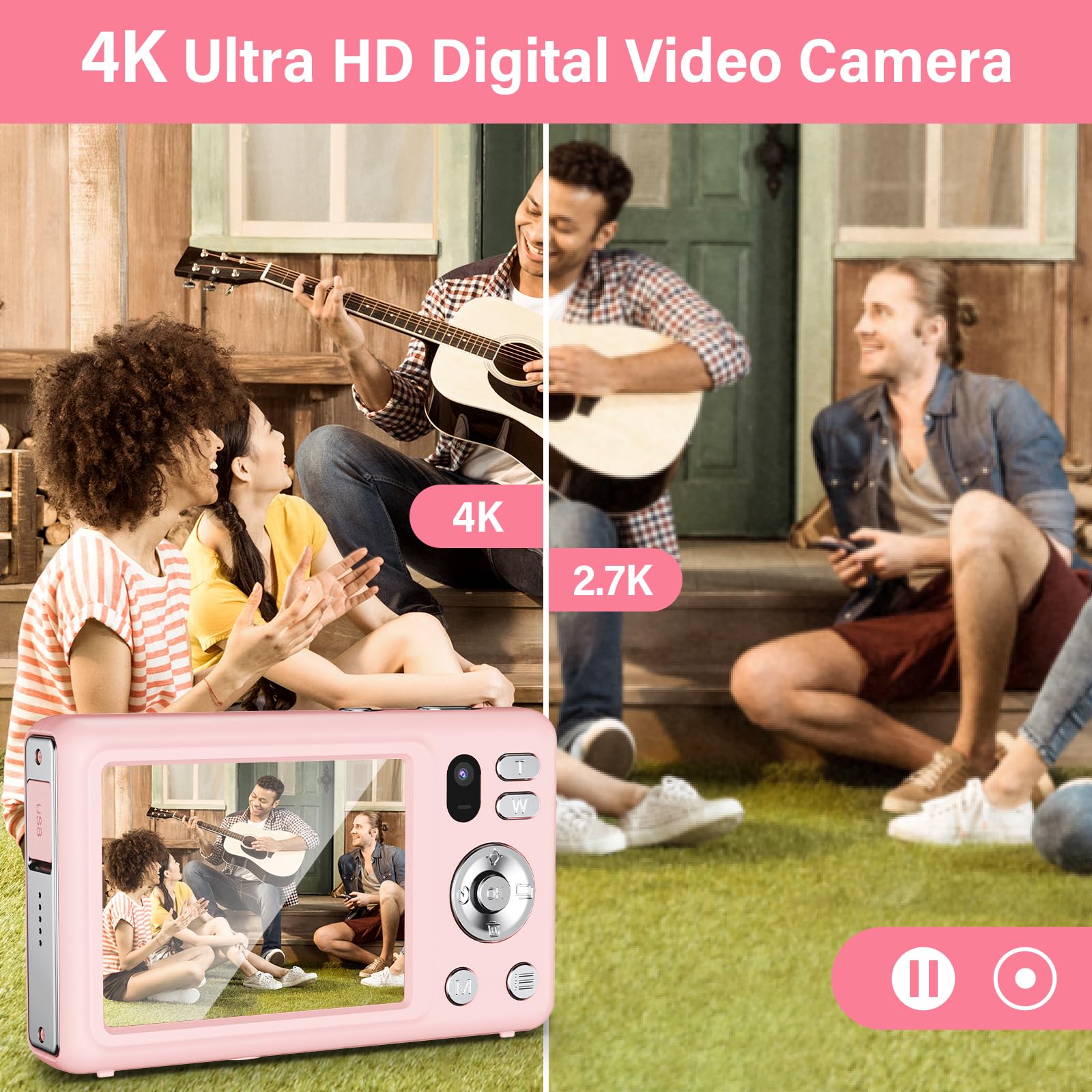 Macchina Fotografica Digitale 64MP 4K Fotocamera Digitale con Doppia Fotocamera, Zoom Digitale 16X, Macchina Digitale Compatta con Scheda da 32GB per Bambini Studenti Principianti (Rosa)