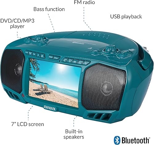 Vista 43 de Aiwa Boombox portátil, sonido cristalino con 3W x 2 altavoces y función de bajos, con una pantalla LCD de 7 pulgadas, conectividad Bluetooth, radio