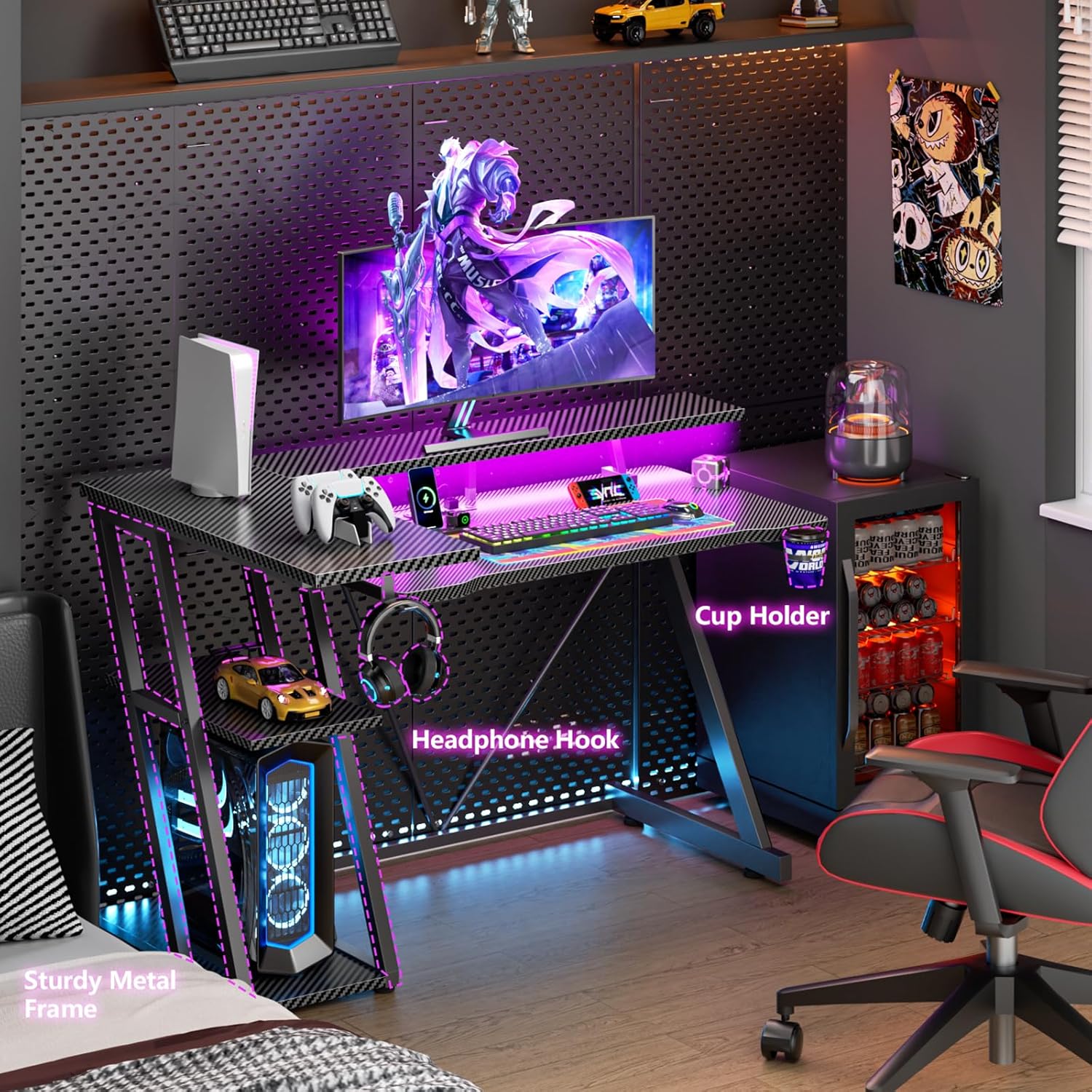 Compact L-Shaped Gaming Desk with Power Outlet, LED Lights, and Storage for Ultimate Gaming Setup