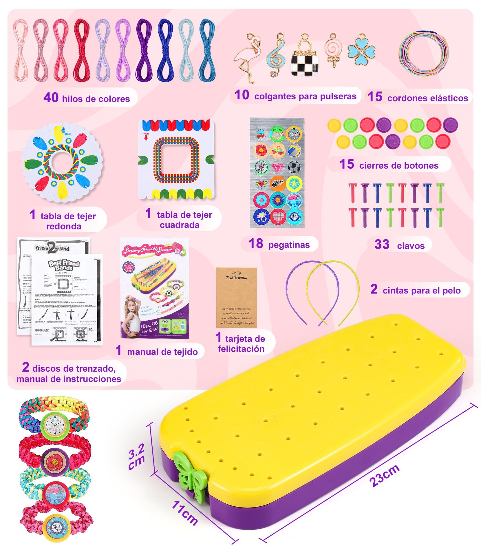 Ophy Kit De Pulseras De La Amistad – 40 Hilos De Colores, 3 Telares, Guía En Español – Manualidades DIY Para Niñas De 5 A 12 Años