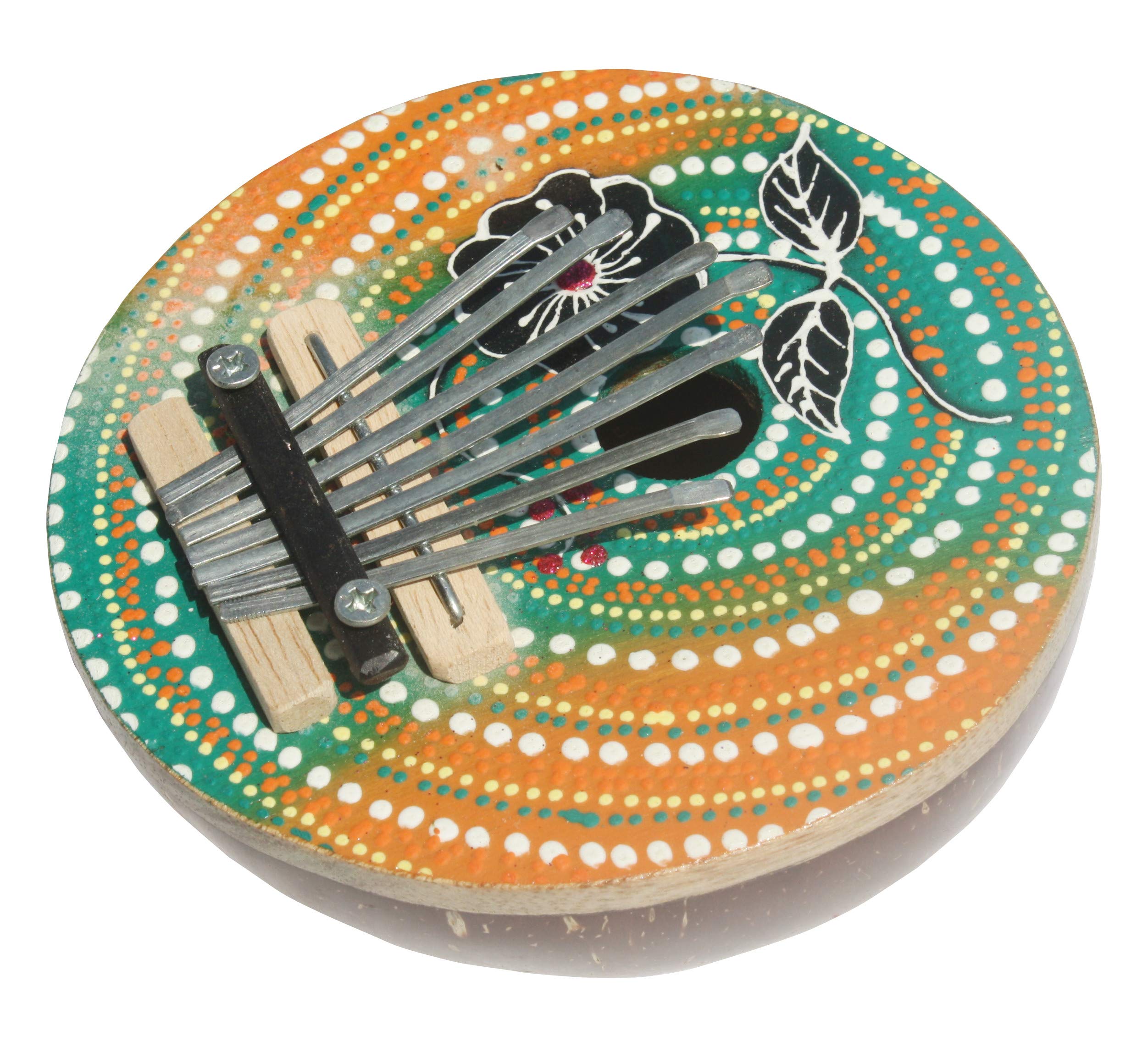 RaanPahMuang African Mbira or Sanza Crafted in Thailand Coconut Wood Kalimba Mbila, Large, Flower - Orange Green