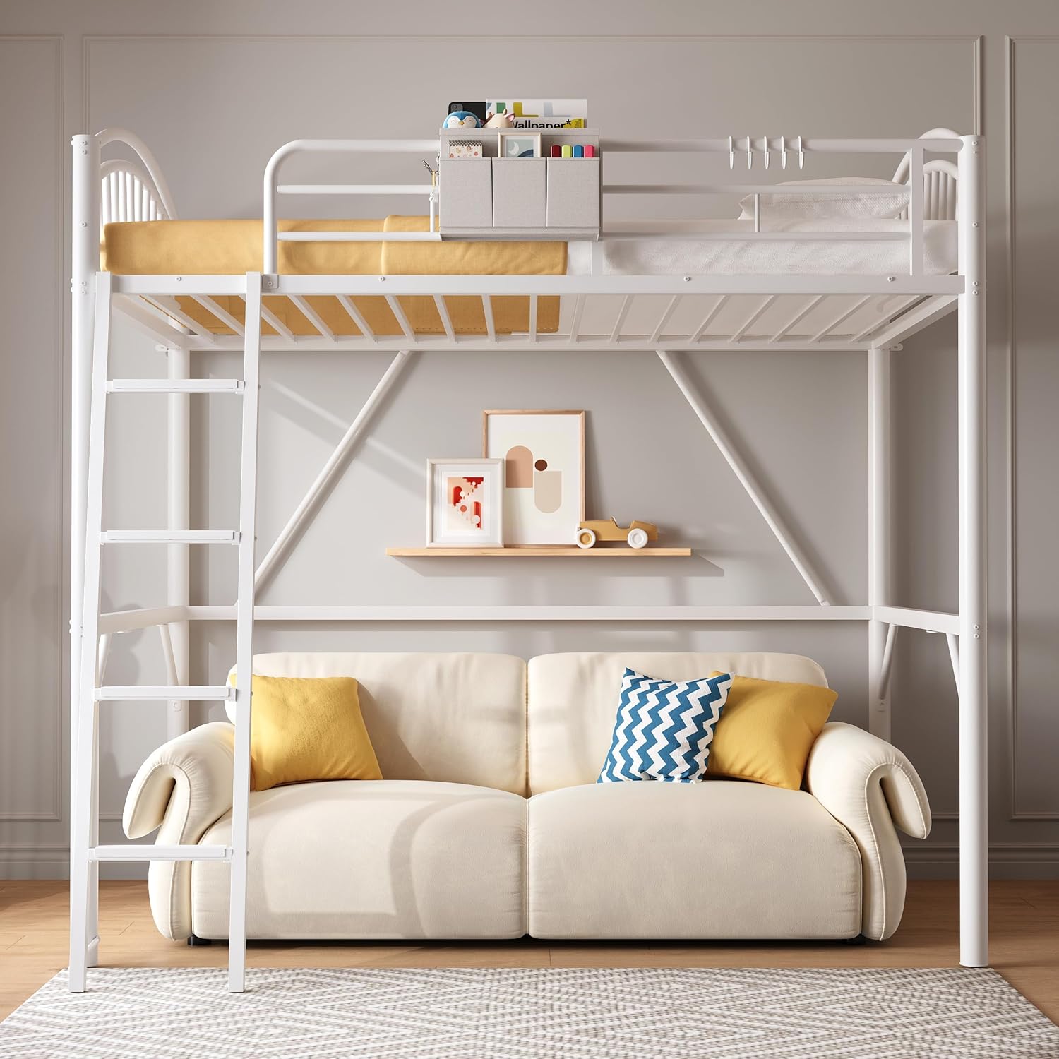 White Twin Loft Bed with Storage Bag, Metal Twin Size Loft Beds for Kids with Convertible Ladder, Safety Guard Rails and Anti-tip Nails for Teenager，Girls or Boys (White)