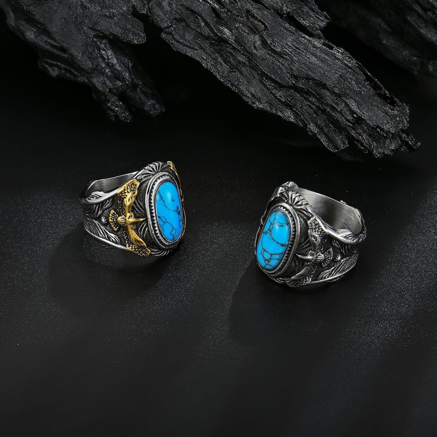 Retro Turquoise Ring for Men Stainless Steel Oval Biker Ring Jewelry for Men,Size7-15 - Image 5