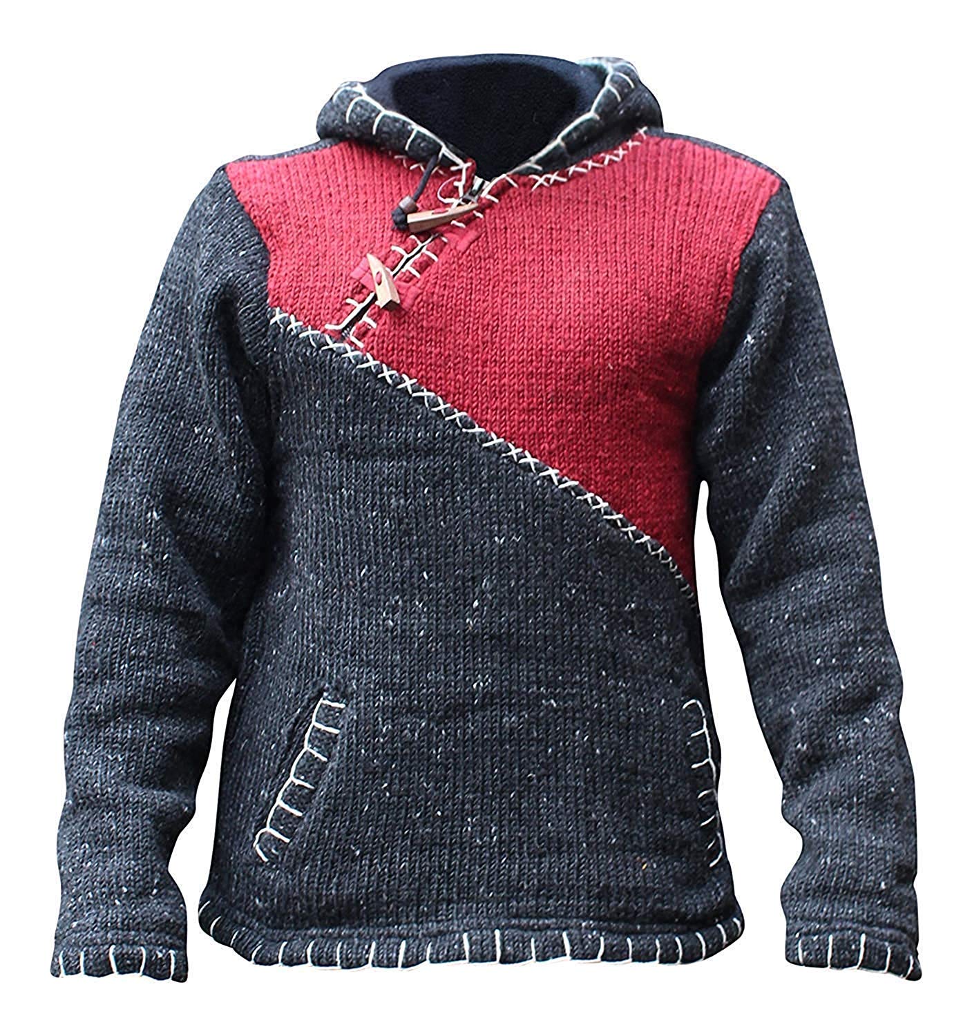 SHOPOHOLIC FASHION Men Cross Zipped Patchwork Fleece Lined Boho Hippie Hoodie Woollen Jacket - (Maroon/2XL)