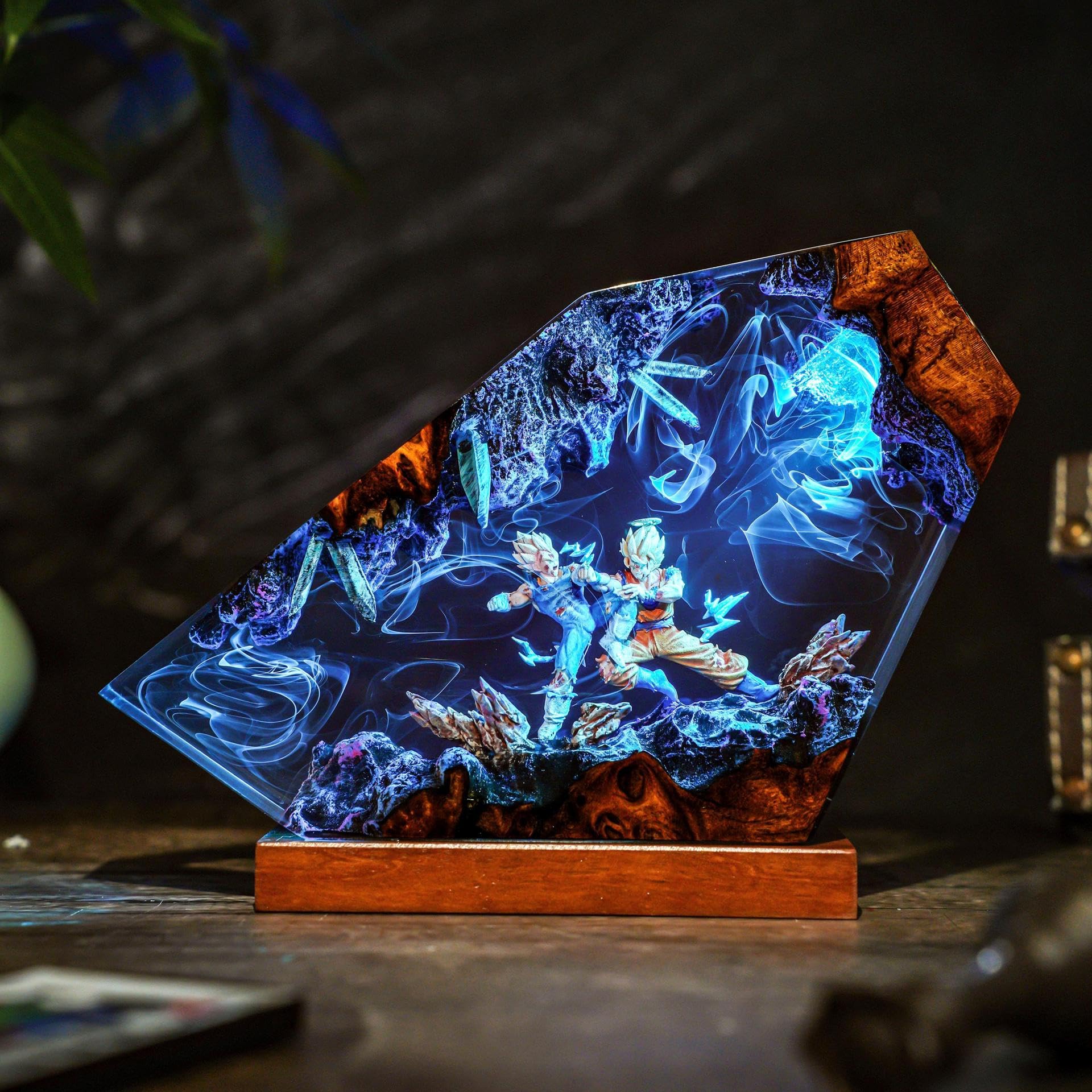 FIYSON 3D Epoxy Resin Night Light, Resin Son Goku Figure Ornaments with Wooden Base, Bedside Lamp with USB Cable and 16 Color Remote, Multicolor LED Night Lamp, Desktop Art Decor Gift (Style 9)