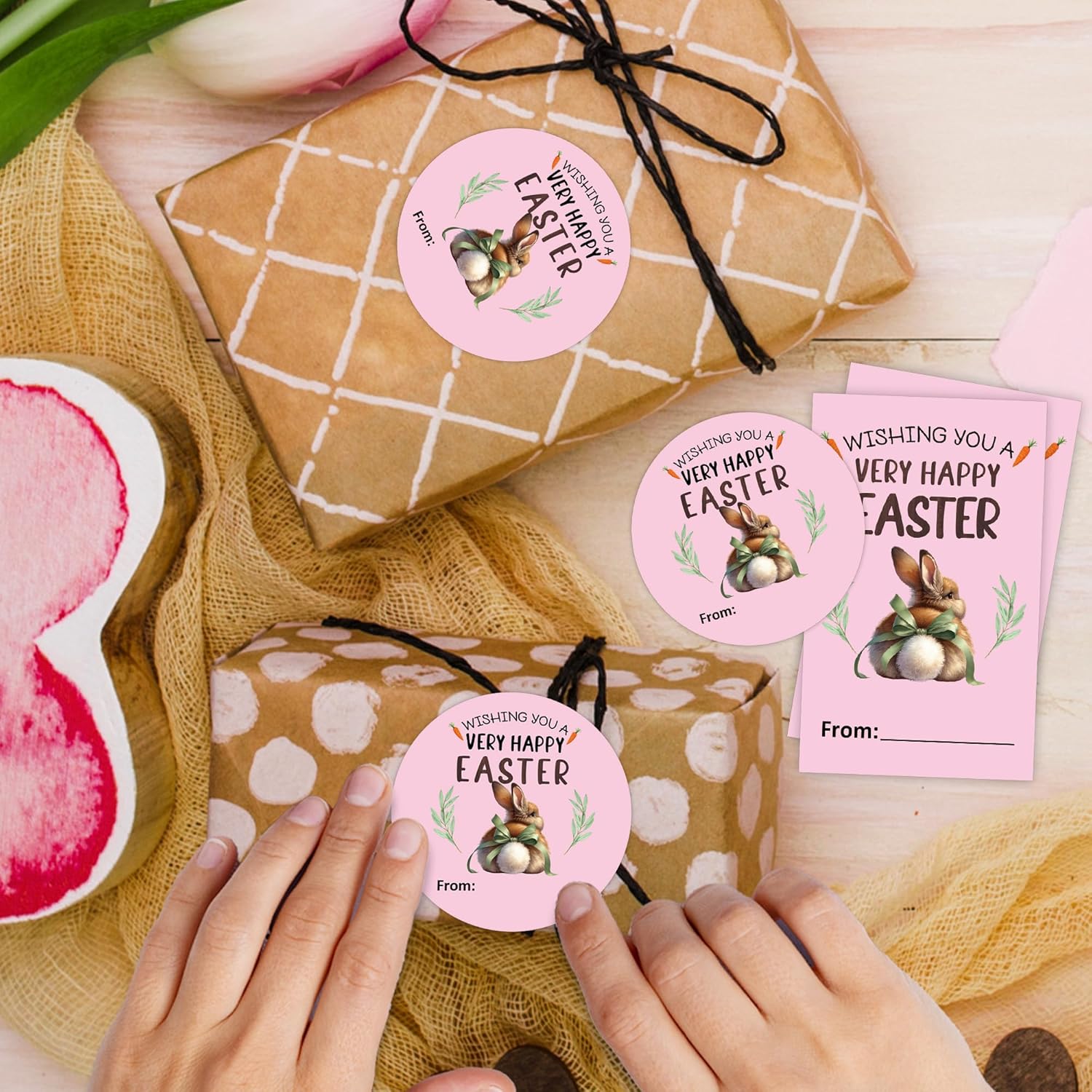 Easter Gift Stickers, Happy Easter Bunny Stickers, 20 Pink Round and Rectangle Labels for Kids Adults, Easters Decorations Party Favor for Gifts Wrapping, Candy Bags, Envelopes-C01