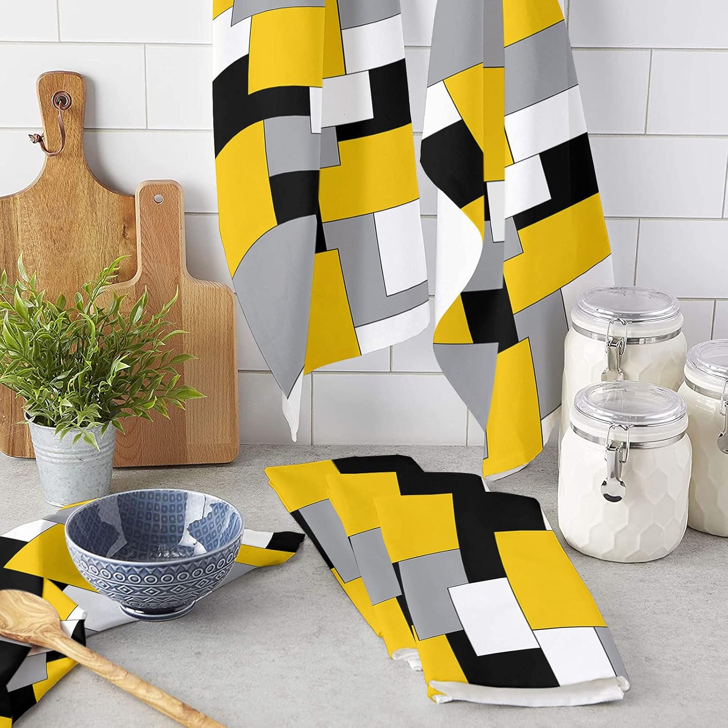 Kitchen Towels Set of 4 Abstract Geometric Dish Towels and Dishcloths Sets Decorative Tea Towel Mid Century Yellow Nordic Absorbent Hand Towels for Kitchen Bathroom Cleaning Drying Baking Home Decor