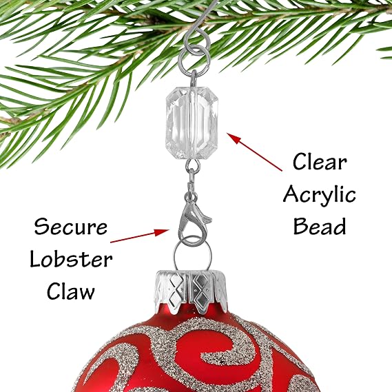 BANBERRY DESIGNS Christmas Ornament Hooks with Clear Acrylic Gem Set of 10 Silver Swivel Wire Hangers Decorative Scroll Design 3 Inch Holiday Tree Ornament Hooks