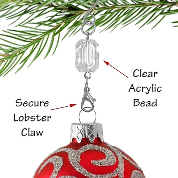 BANBERRY DESIGNS Christmas Ornament Hooks with Clear Acrylic Gem Set of 10 Silver Swivel Wire Hangers Decorative Scroll Design 3 Inch Holiday Tree Ornament Hooks