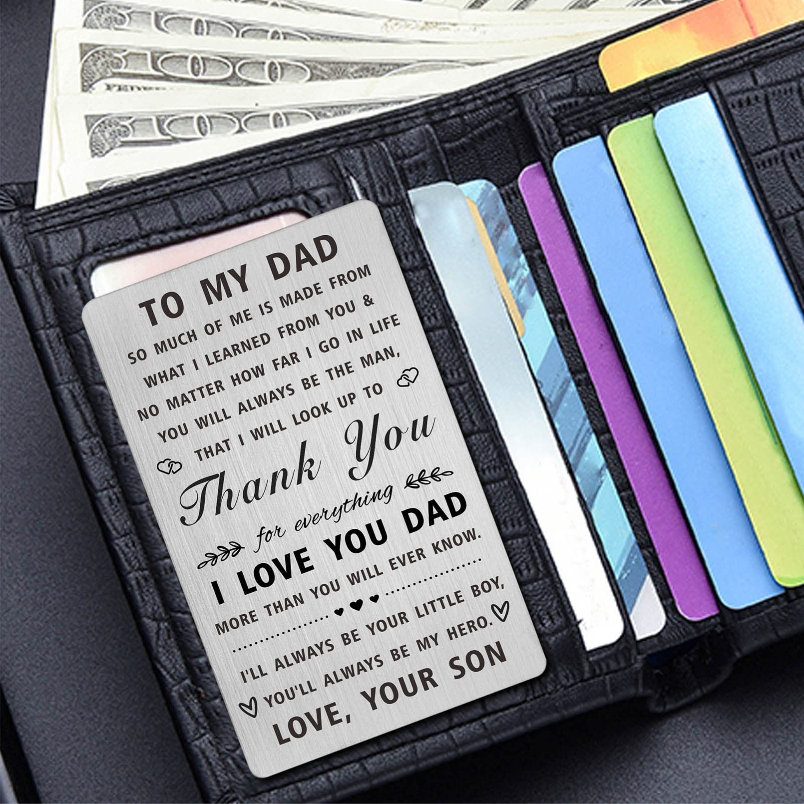 Gravierte Geburtstagskarte Für Papa Vom Sohn – Edelstahl-Karte Mit Spruch, 8,6 X 5,4 Cm, In Blauem Geschenkumschlag
