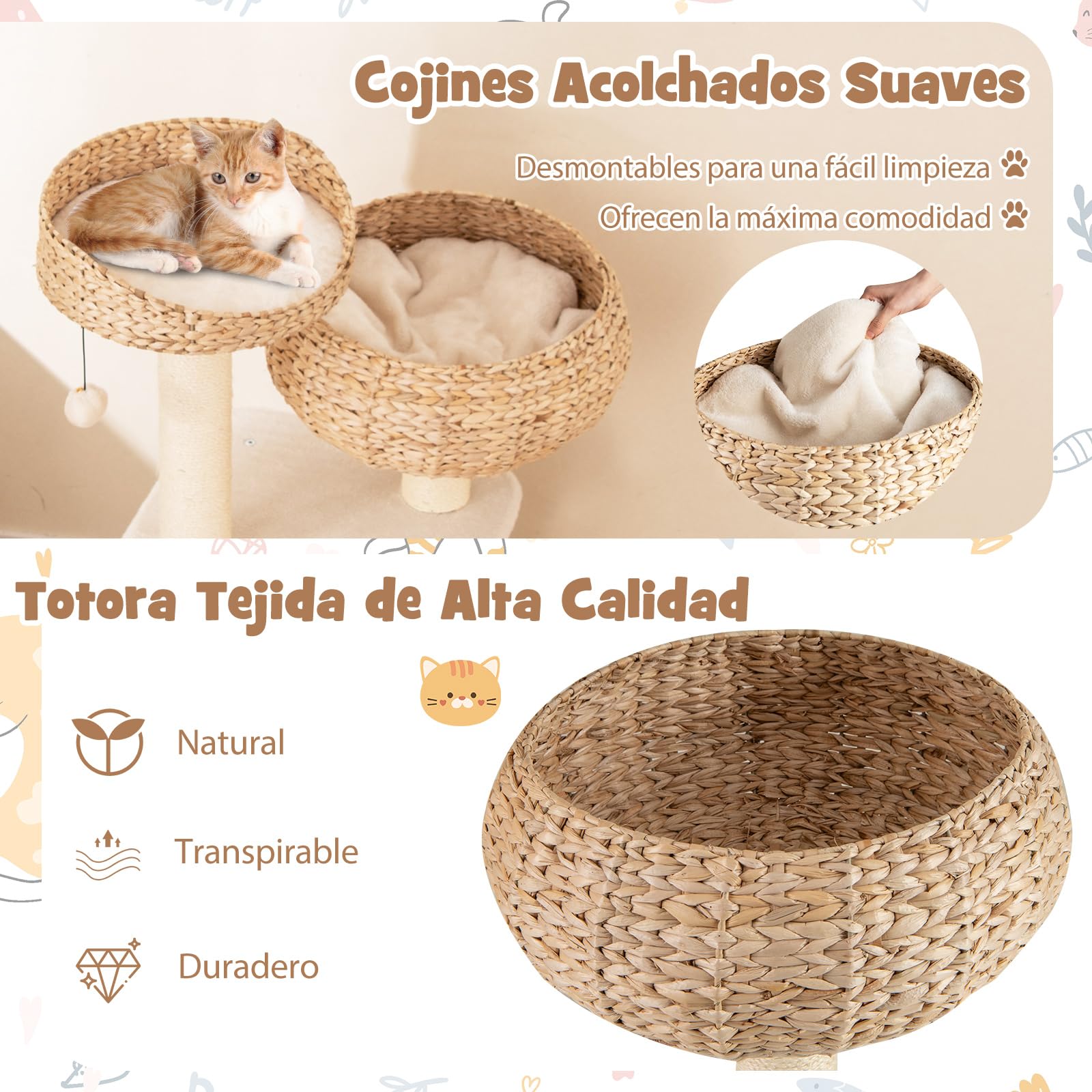 COSTWAY 104 cm Árbol Rascador para Gatos de Interior con Posaderos, Cama, Cesta Hechas a Mano, Juguete Colgando y Cuerda, Palos Rascadores de Sisal, Torre Rascador para Gatos, Casitillo Gato (Beige)