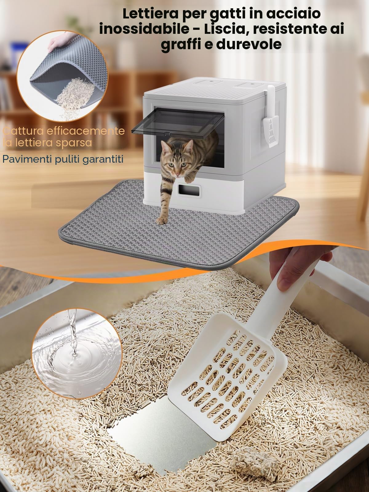 Lettiera chiusa per gatti con coperchio, sacchetto per la neutralizzazione degli odori, grande dimensione, vassoio estraibile in acciaio inox con tappetino per lettiera per gatti fino a 15 kg