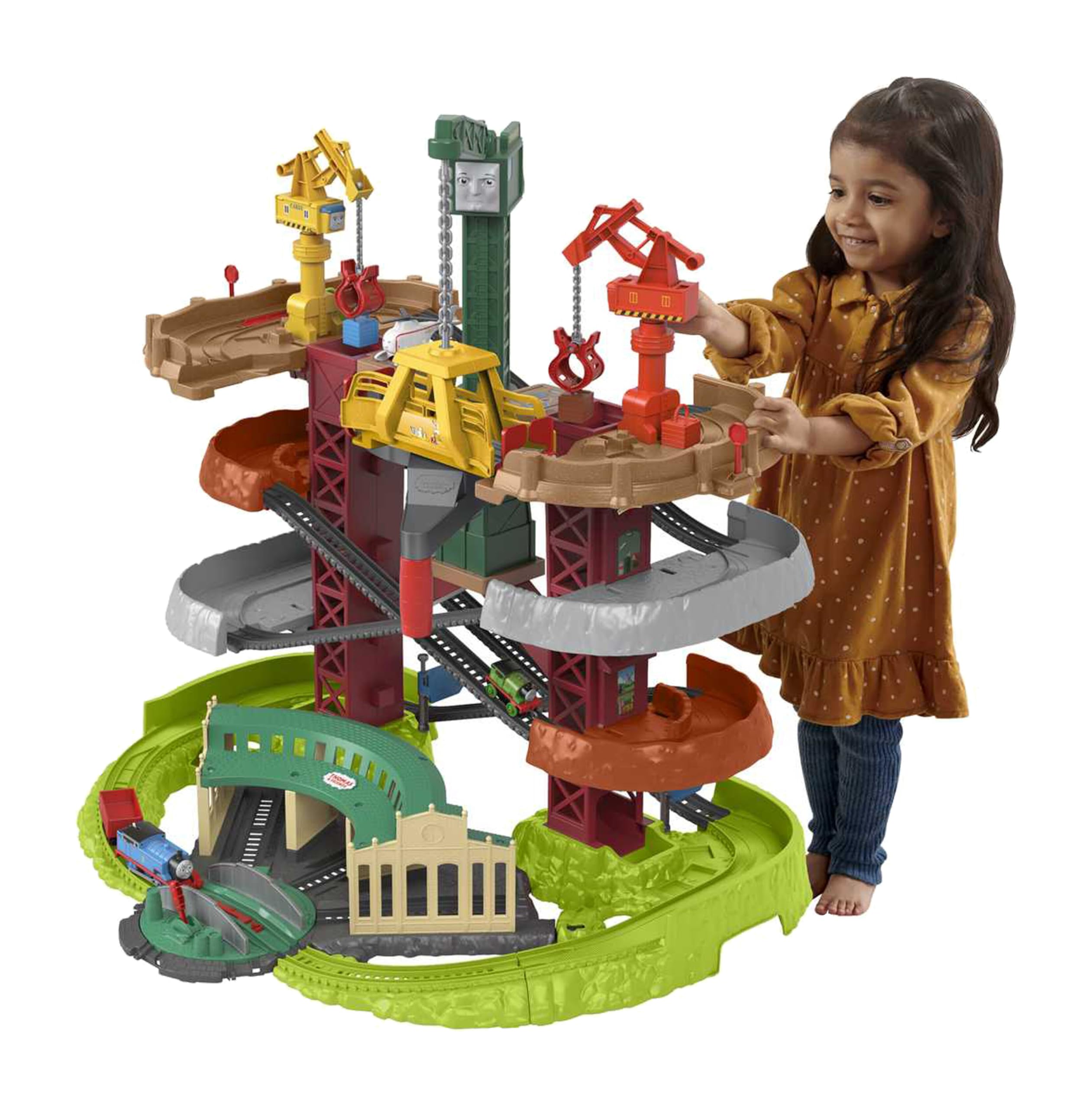 Thomas & Friends Multi-Level Track Set Trains & Cranes Super Tower with Thomas & Percy Engines plus Harold for Preschool Kids Ages 3+ Years, GXH09