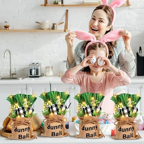 Miniatura 5 de Menkxi 4 piezas de zanahoria de tela de Pascua con 4 luces LED, decoración de zanahoria artificial, centro de mesa de granja, hecho a mano, conejo,