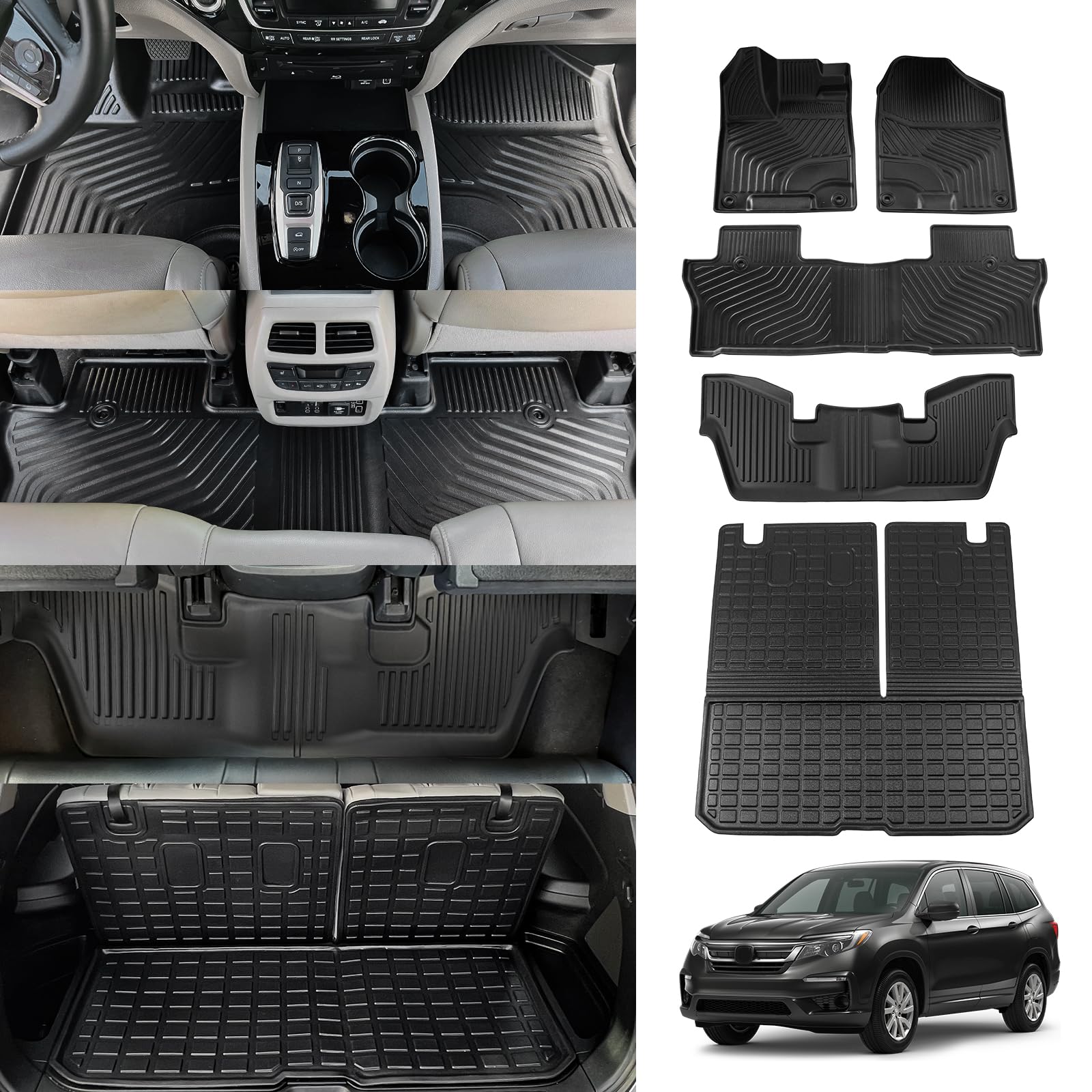 Wailtnb Custom Fit All-Weather Floor Mats For Honda Pilot 7-Seater 2016-2022 - TPE Material Liners