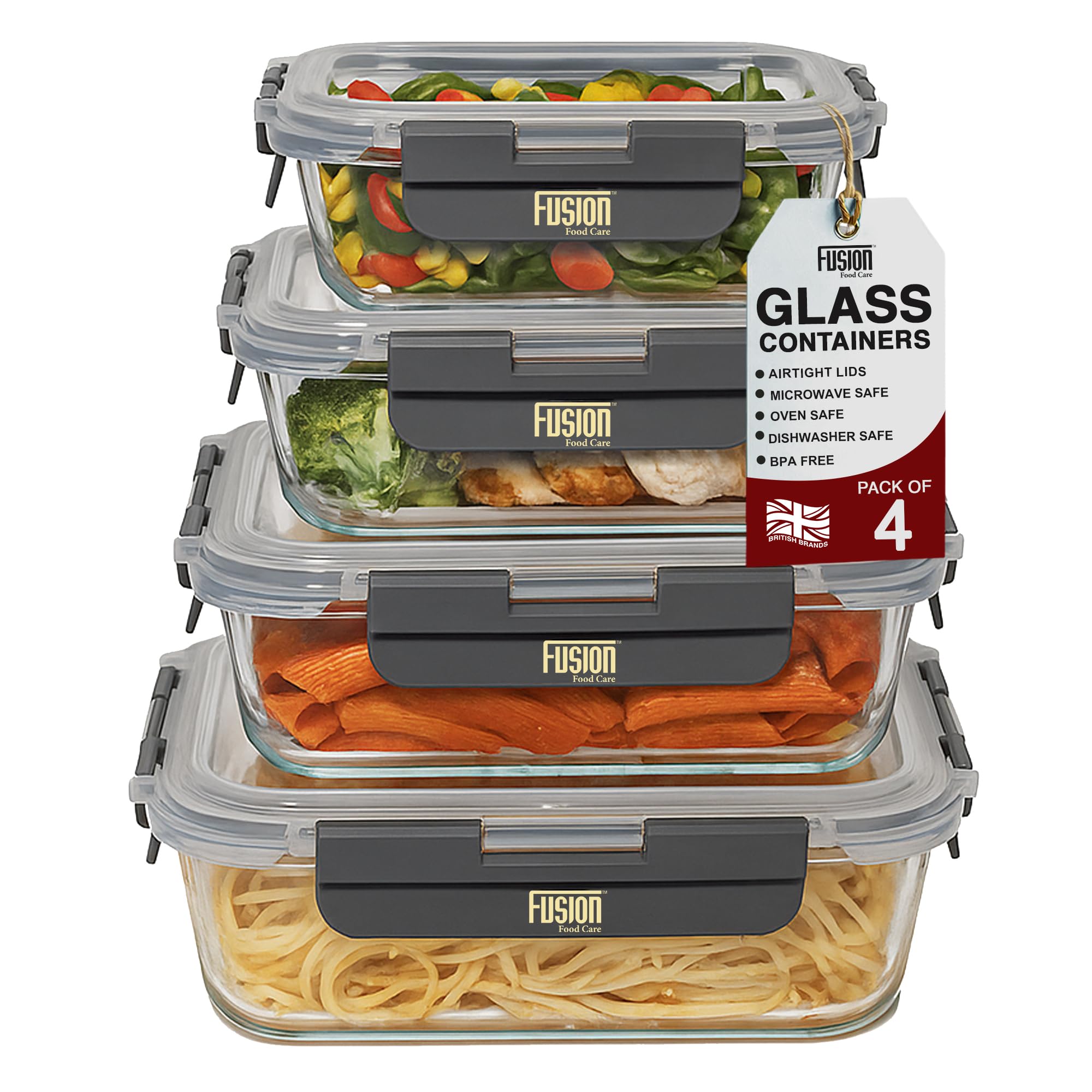 Food Storage Containers with Airtight Lids 4 Pack 370/640/1040/1520ml | Glass Meal Prep Containers Set for Oven, Microwave, Freezer & Dishwasher Safe, BPA Free Leak Resistant Glass Food Container