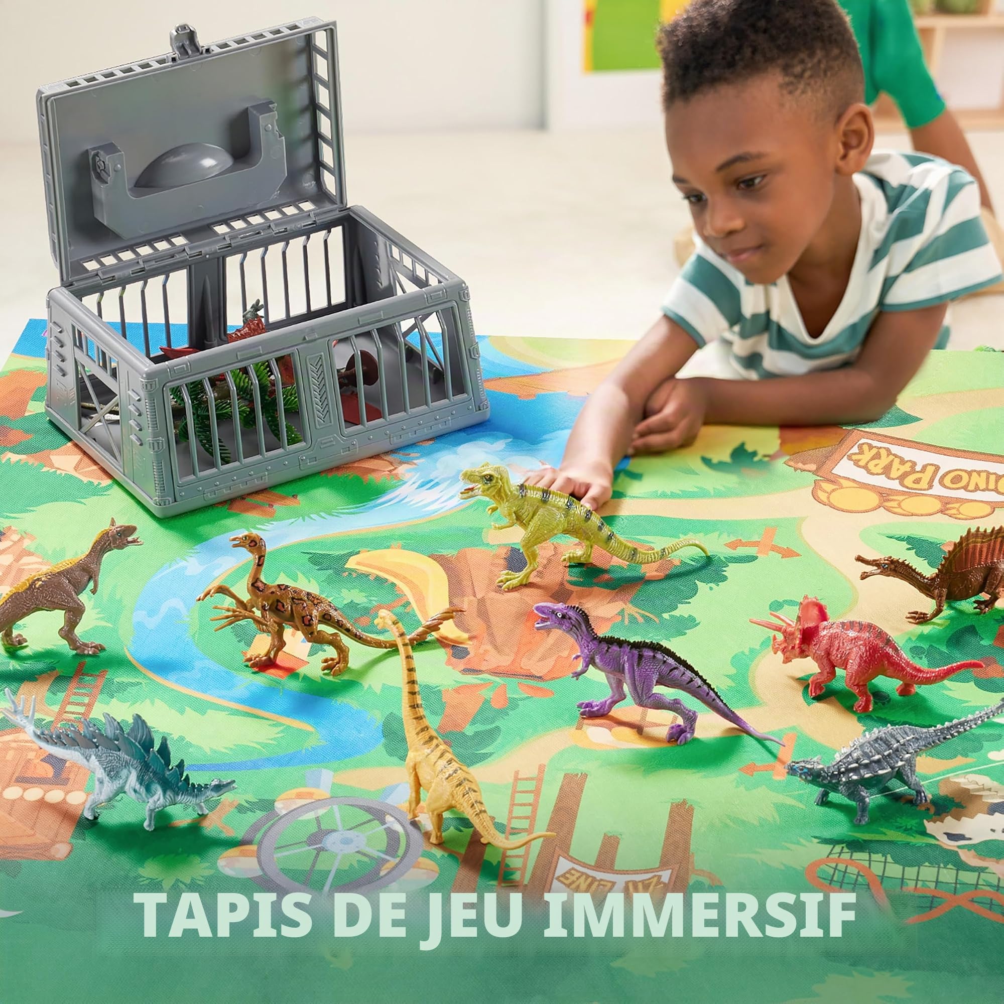 JOYIN 3-6 Ans garçon Dinosaure Jouet pour Enfants avec Tapis de Jeu et Cage de Rangement, 19pcs Réalistes Personnages et Arbres