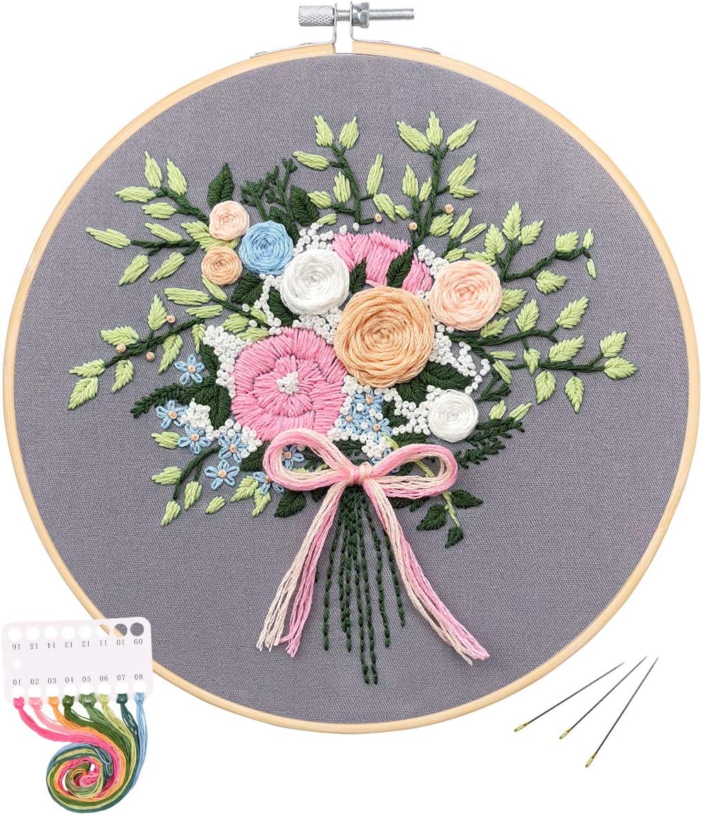 Embroidery Starter Kit with Pattern, Mikimiqi Full Range of Stamped Embroidery Kit Including Embroidery Cloth with Floral Pattern, Bamboo Embroidery Hoop, Color Threads and Tools Kit (Bouquet)
