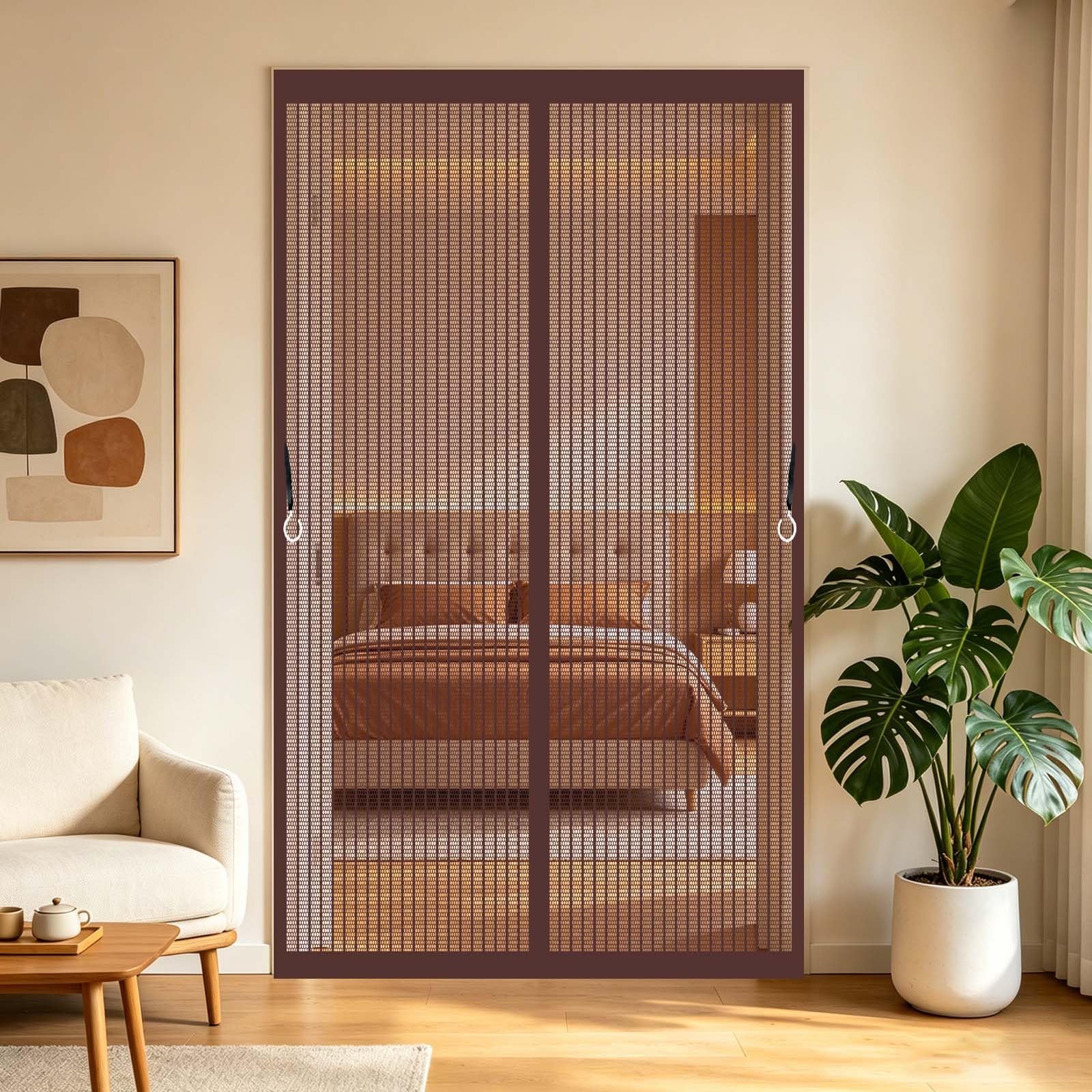 Fly Screen Door 146 x 217 cm Full Frame Magic Tape, Magnet Silent Closure, No Punching Magnetic Fly Insect Screen Door Nets Patio Curtain Insect Mesh for Front Back, Brown