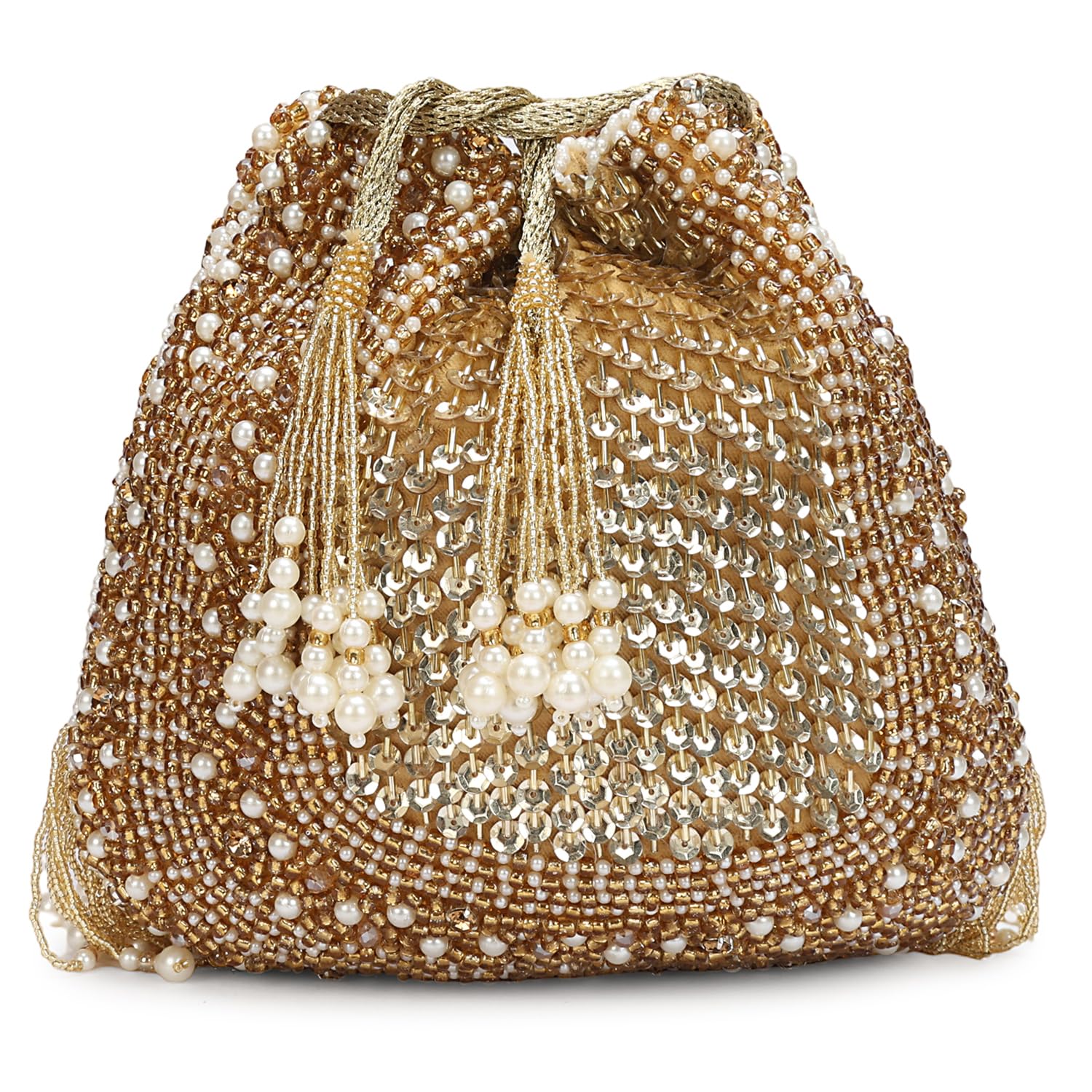 LONGING TO BUY Borsa Potli con perline dorate e sequenze con dettaglio di frange di perle, pochette con coulisse impreziosita per le donne