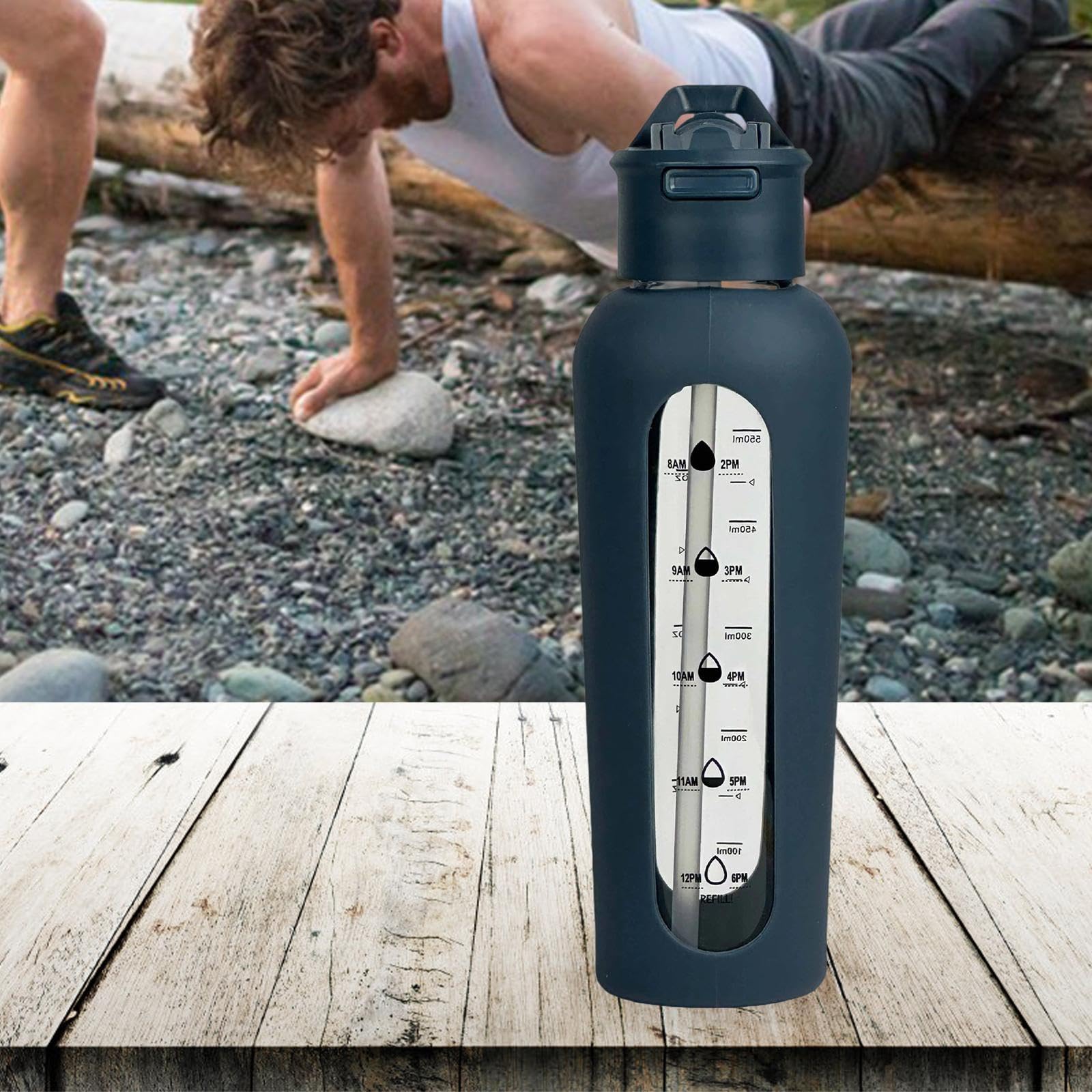 Milageto Glaswasserflasche, Trinkflasche, motivierende Weithals-Sportflasche, Wasserkrug für Radfahren, Workout, Outdoor-Sport, Fitness
