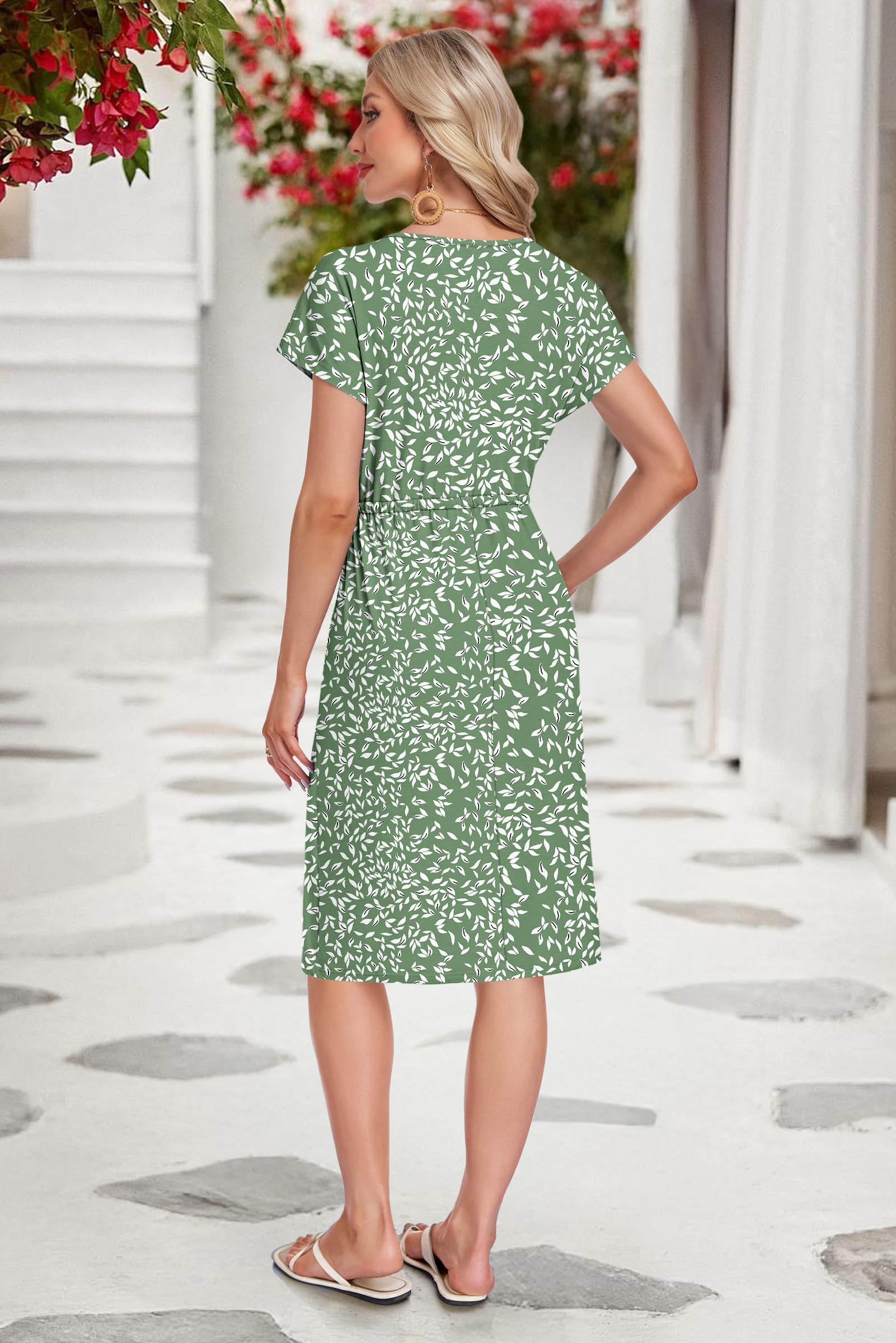 PLOKNRD Damen Sommerkleid Kurzarm Kordelzug Hohe Taille Knielang Kleider Elegant Luftig Strandkleid Midikleid mit Taschen