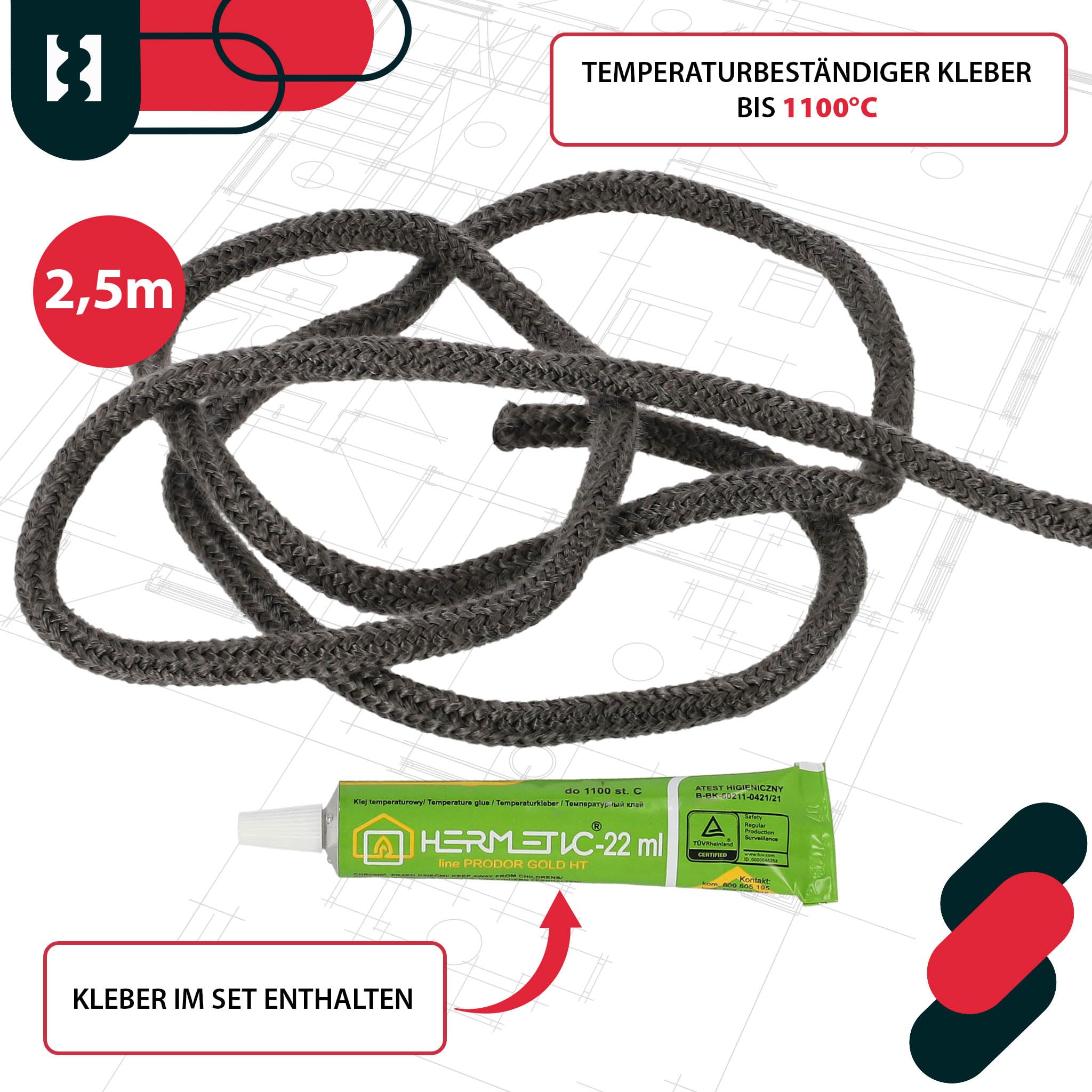 KOTARBAU® Sznur Do Uszczelniania Drzwi Kominka Pieca - 8 MM - 2,5 M -Przędza Szklana - Zestaw Naprawczy - Klej