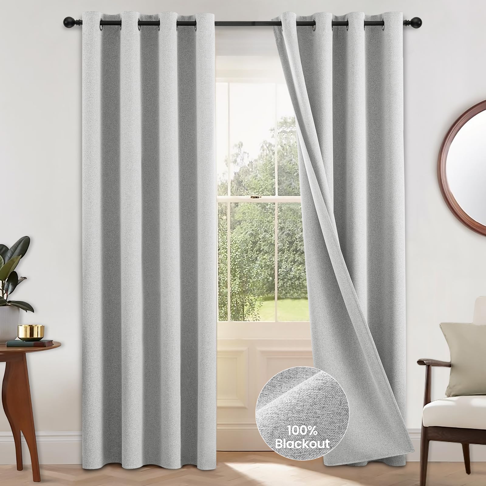 COSVIYA 100% Blackout White Linen Curtains & Drapes 96 Inch Length 2 Panels Set, Full Room Darkening Grommet Insulated Thermal Window Panels for Bedroom/Living Room,52x96 inches