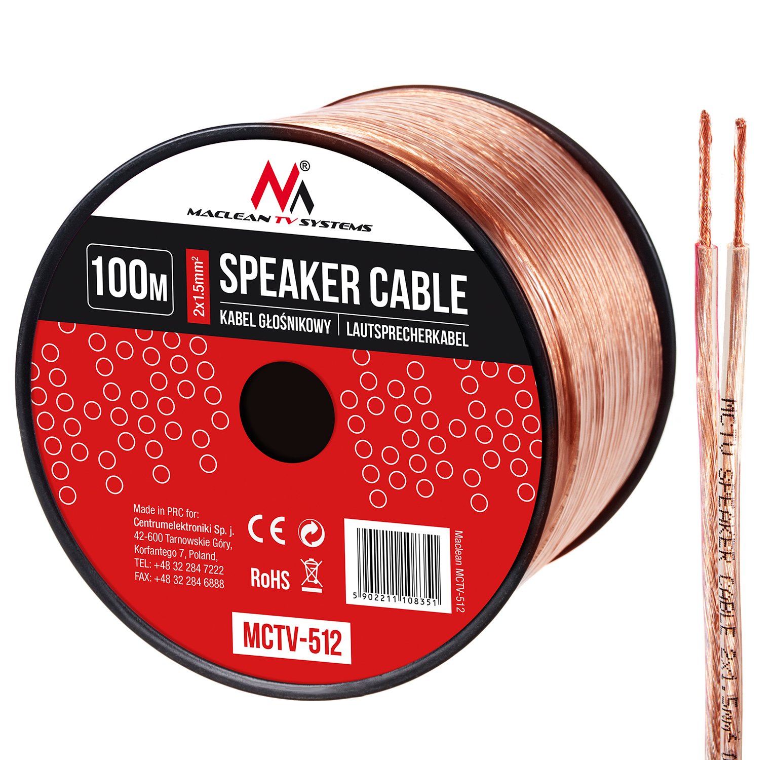 Maclean MCTV-512 câble d'enceinte 2x1.5mm2 / 48x0.20CCA 3,5x7,0mm TRANSPARENT PVC 100m (100m)