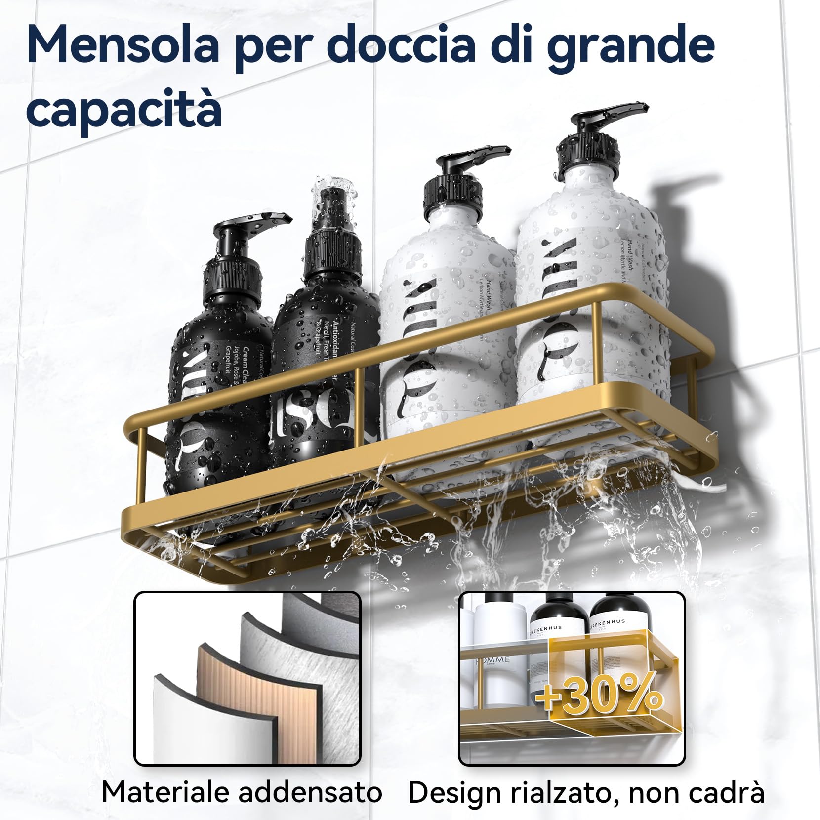 YASONIC Mensole Doccia Mensole Bagno, 2 Pezzi Portaoggetti doccia con 4 ganci Removibili, Impermeabile e antiruggine Mensola Bagno senza Foratura, Organizer Doccia Mensola Bagno Adesiva - Oro