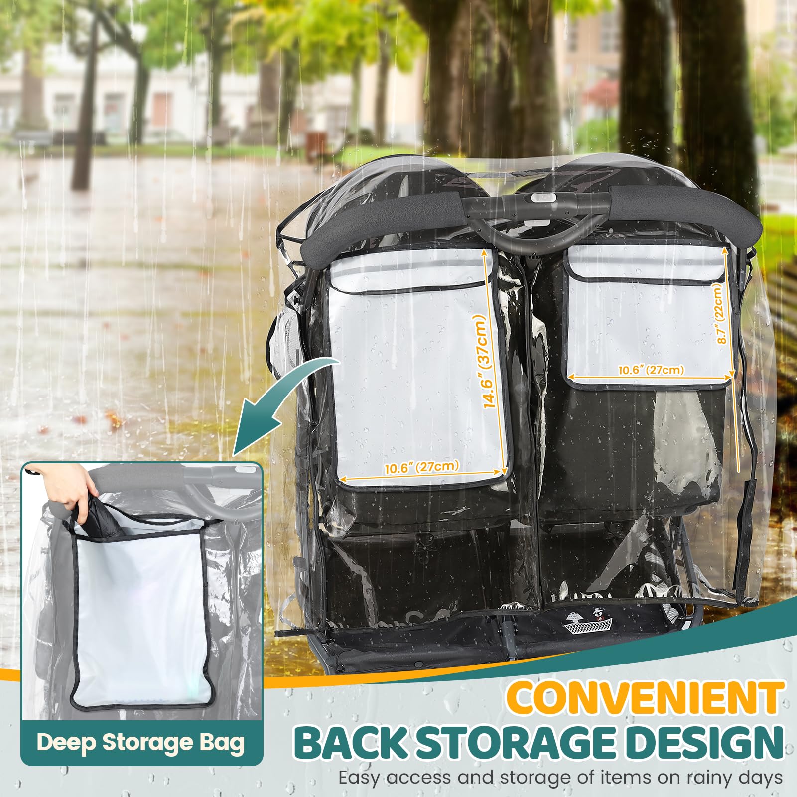 IvyWind Funda impermeable para cochecito doble, protector universal para cochecito de bebé lado a lado, funda transpirable para todo tipo de clima contra la lluvia, la nieve y el polvo