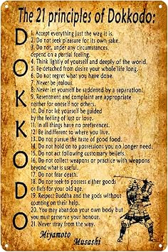 Vintage Metal Signs 21 Principles of Dokkodo Tin Sign Miyamoto Musashi Inspirational Motivational Quote Poster Wall Art Decor Plaque for Home Cafe Club Office Living Room Gift 8x12 inch