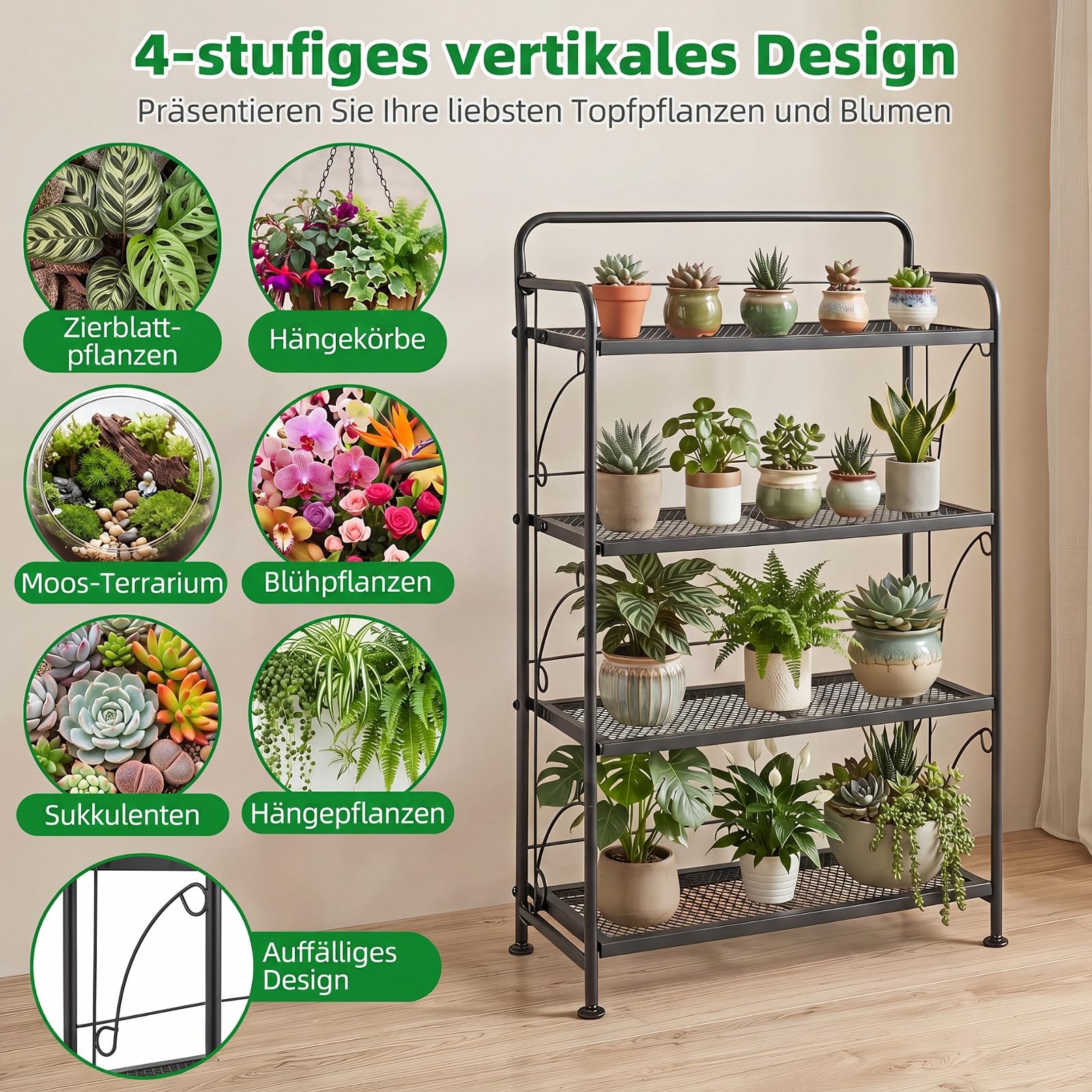COSTWAY 4 Etagen Pflanzenständer klappbar, Blumenständer Metall, Blumenregal mit verstellbarer Ablage, bis 40kg, Pflanzenregal Blumentreppe Pflanzentreppe, Garten Terrasse Balkon, Schwarz, 60x25x100cm