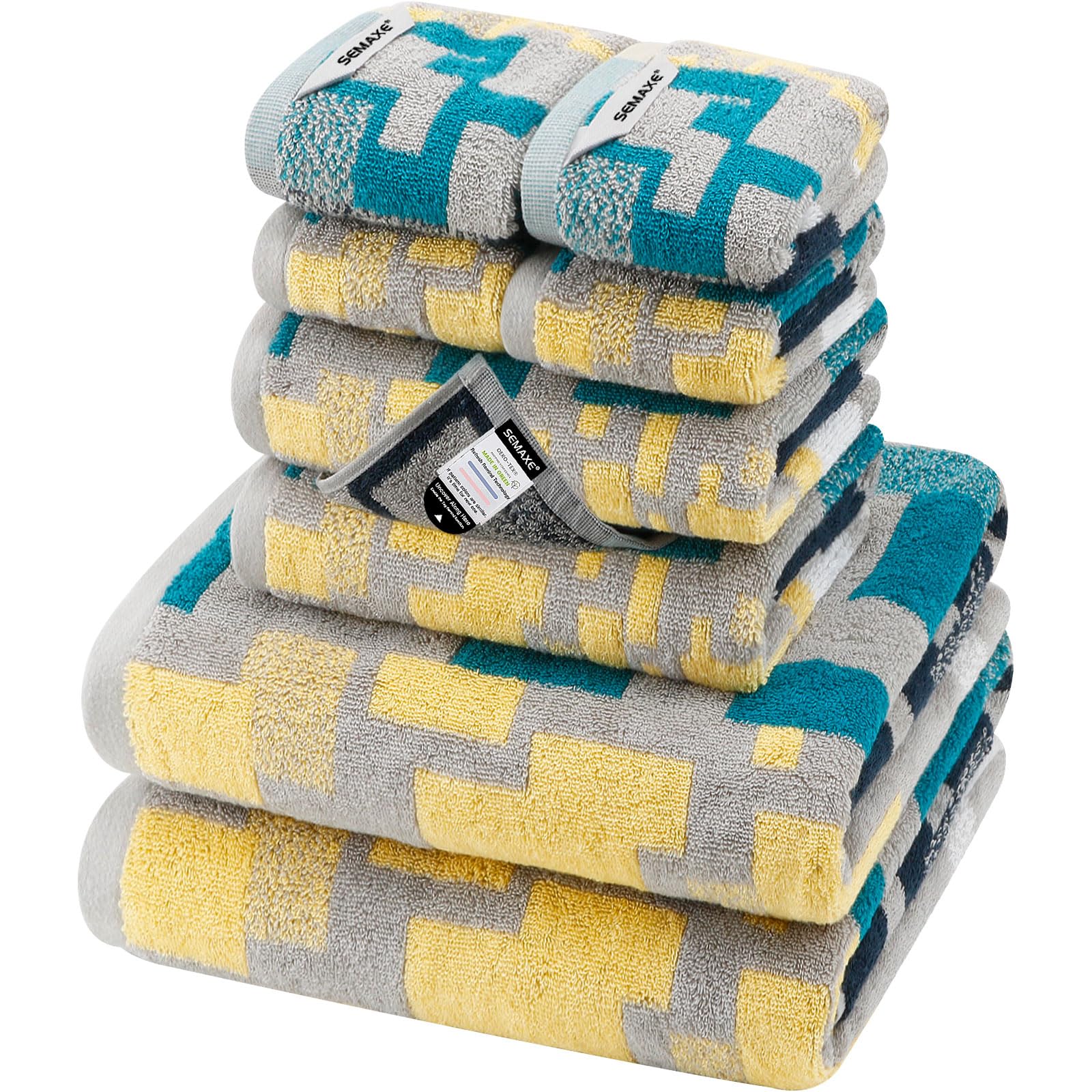 SEMAXE Bath Towel Set of 8 Include 2 Bath Towels 2 Hand Towels 4 Washcloths, 100% Cotton Bathroom Towels with Hanging Loops and Nano-Bio Lifecycle Labels, Colorful Towel - Checkered Collection