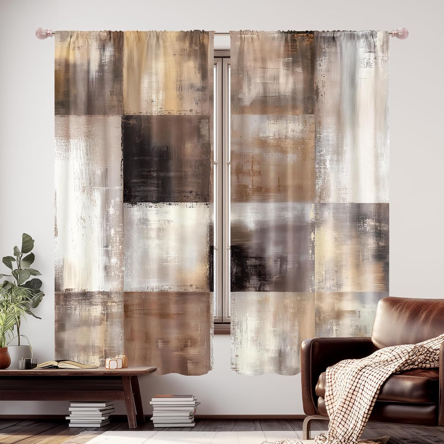 KOMLLEX Brown Grey Abstract Curtains 42Wx63H Inch Rod Pocket Rustic Farmhouse Modern Geometric Aesthetic Art Printed Woman Man Kitchen Dining Living Room Bedroom Window Drapes Treatment 2 Panels