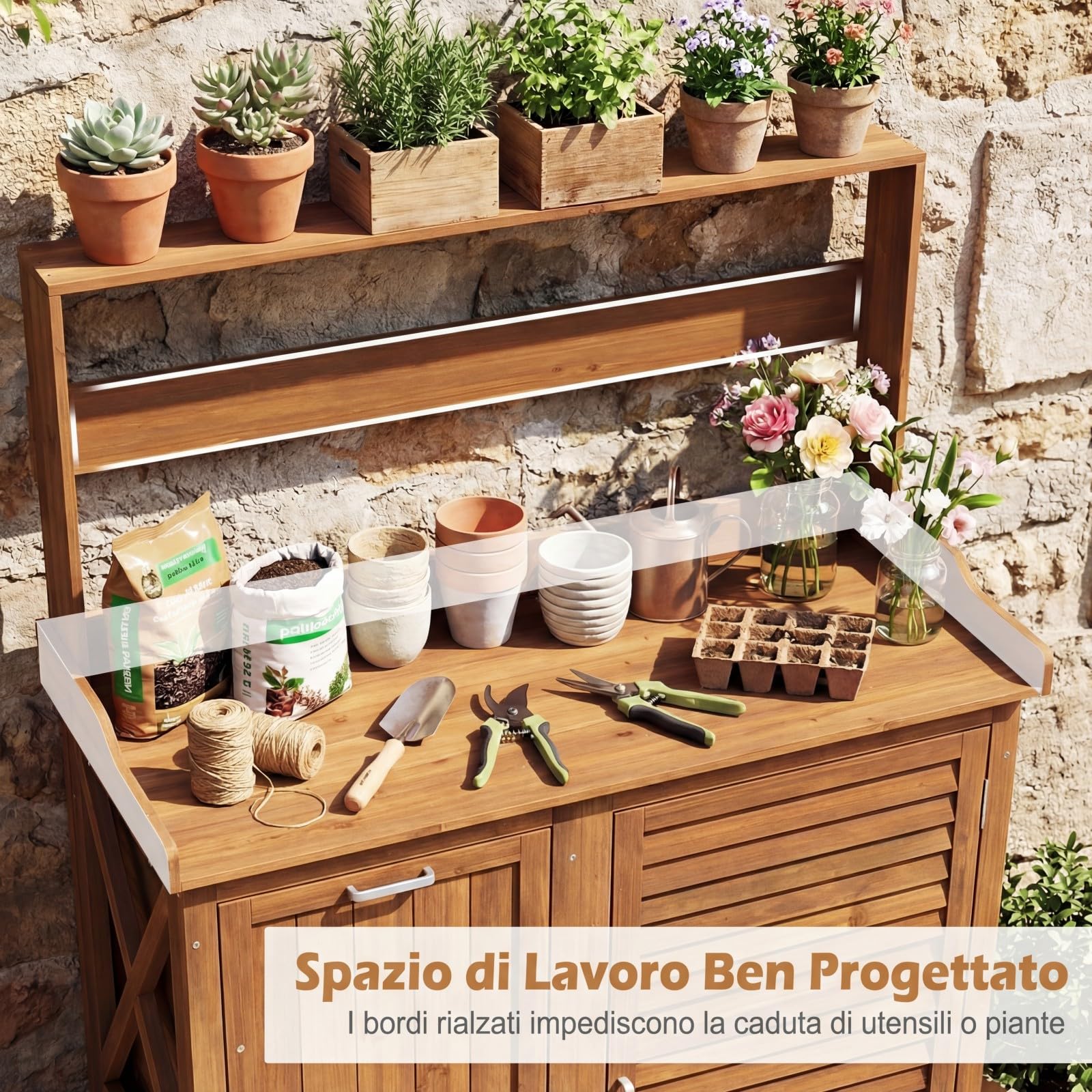 COSTWAY Tavolo da Giardinaggio, Armadietto da Esterno in Legno Massello con Ripostiglio, Ripiani Rimovibili e 2 Ante, Tavolo da Lavoro per Piante da Giardino, Prato e Cortile