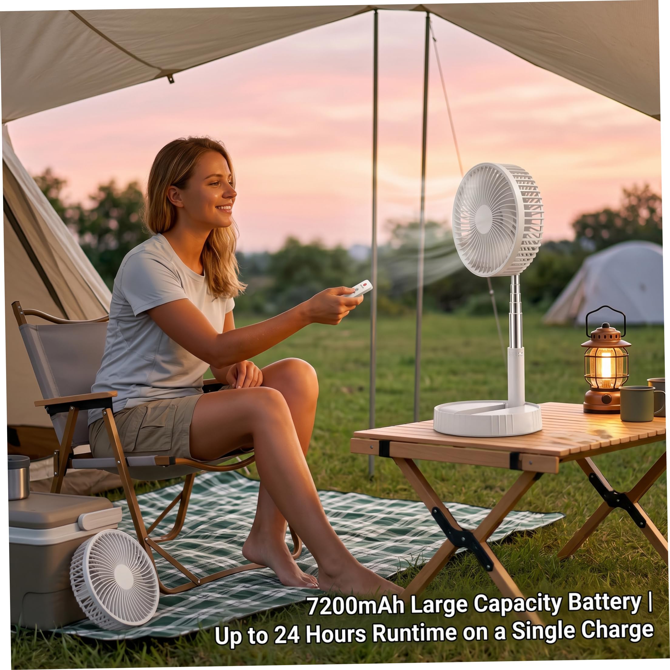 Ventilatore Pieghevole, Ventilatore da Tavolo Ricaricabile telescopico Senza Fili con 4 velocità e Flusso d'Aria a 360°, Batteria da 7200 mAh, Bianco
