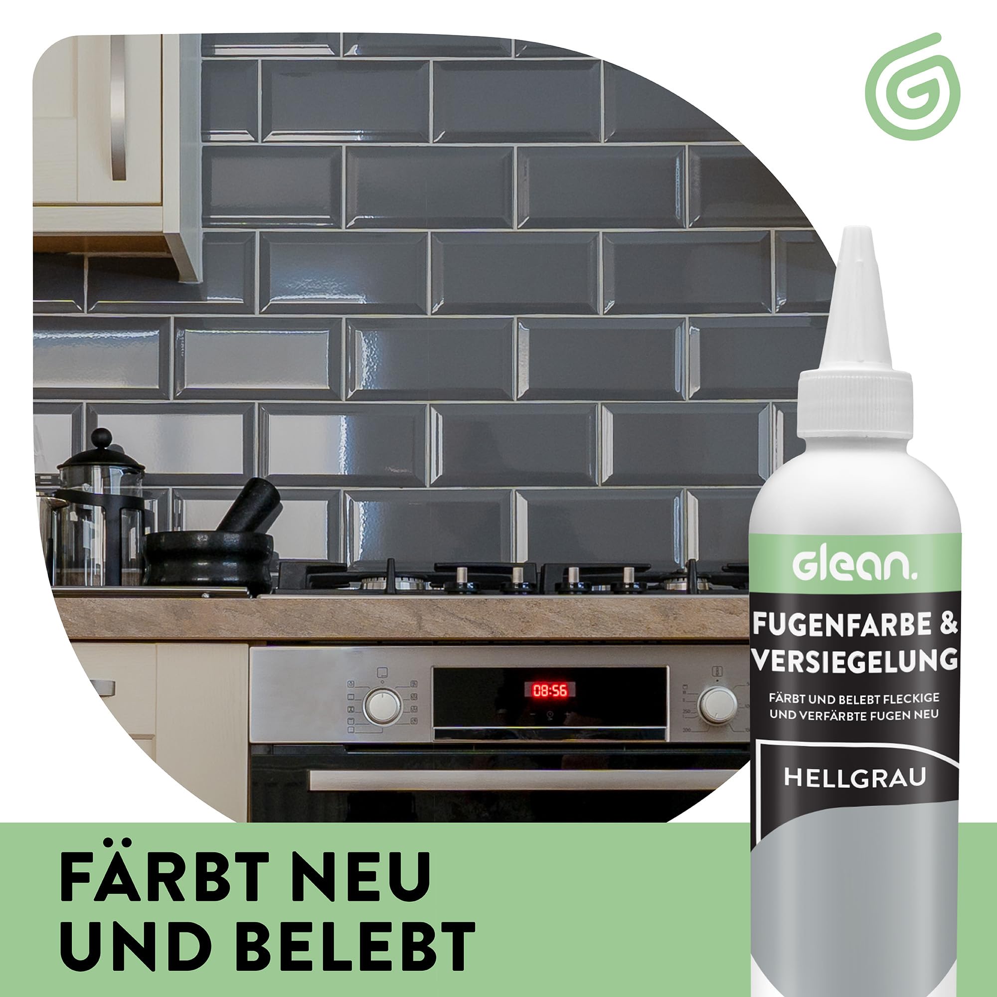 GLEAN Fugenfarbe & Versiegelung Hellgrau | 340g | Erneuert & schützt Fliesenfugen | Mit Schaumstoffpinsel | Atmungsaktiv & fleckenresistent | Für Bad, Dusche & Küche