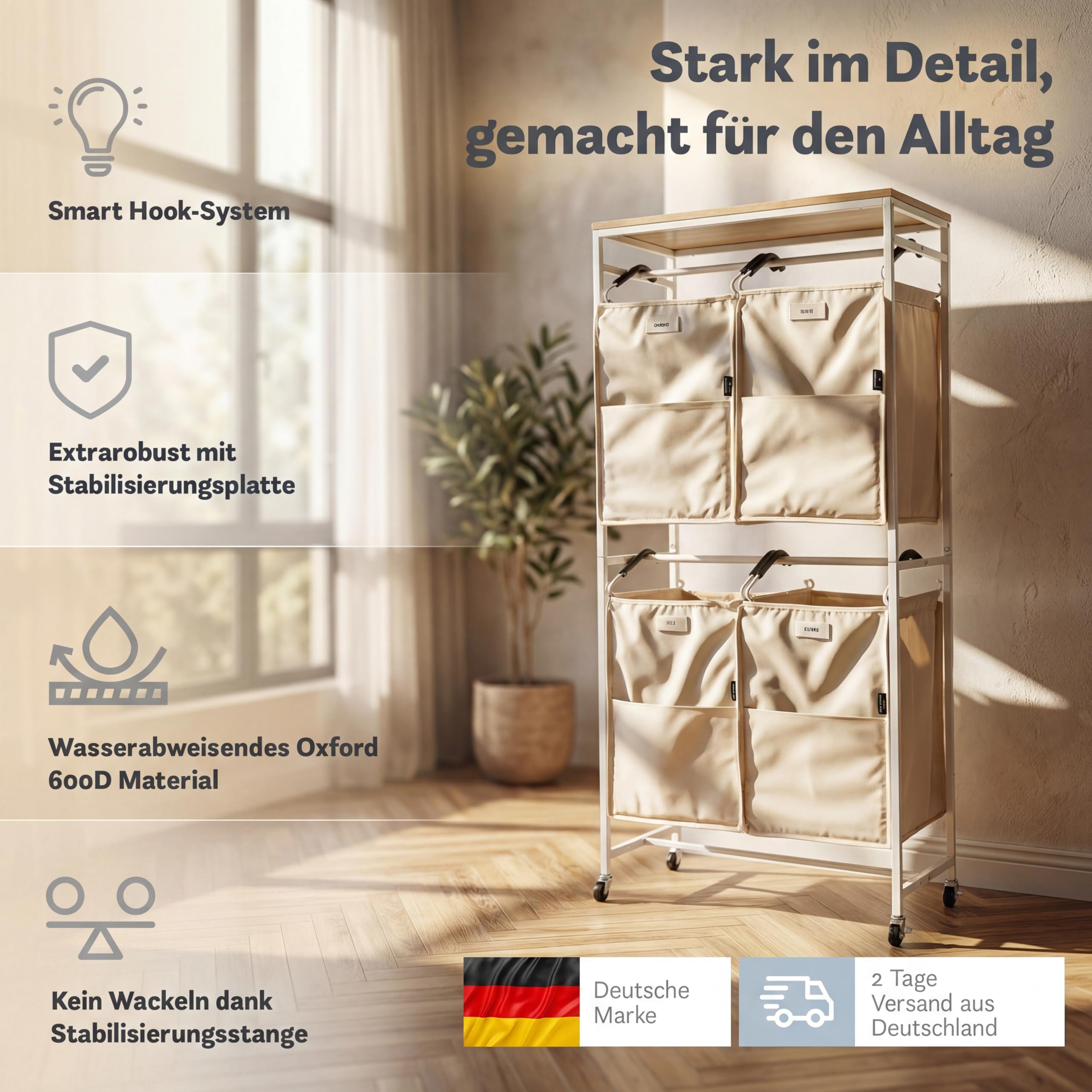 Wäschesammler Organizer mit abnehmbaren Taschen 200L Volumen [mehr Ordnung] Wäschekorb 2 Fächer, Wäschekorb 4 Fächer, Wäscheschrank | Wäschesortierer jetzt auswählen (Beige, 4 Taschen)