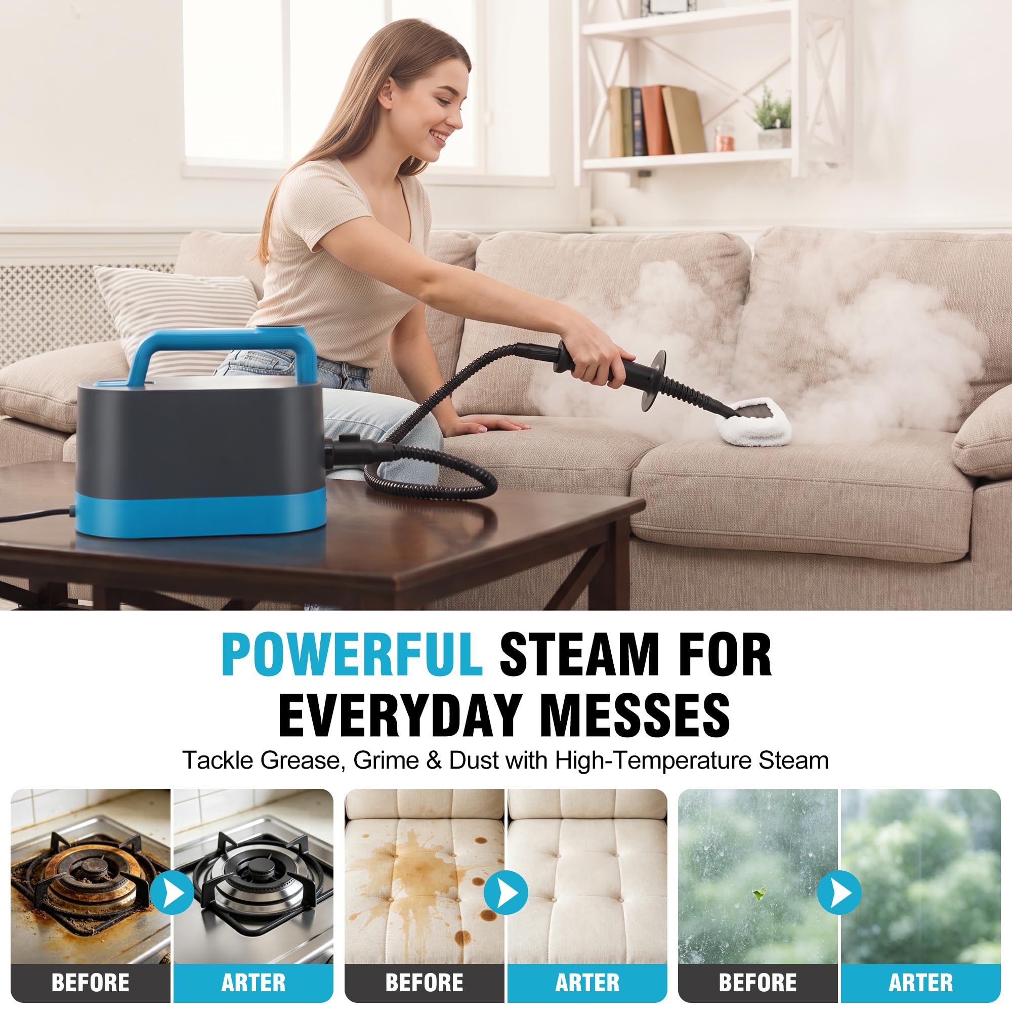 HAUS MEISTER Steamflex Max - Limpiador de vapor portátil de 1200 W para el hogar, tanque de 1 litro, accesorios para cocina, baño, azulejos, lechada, tapicería y ventanas